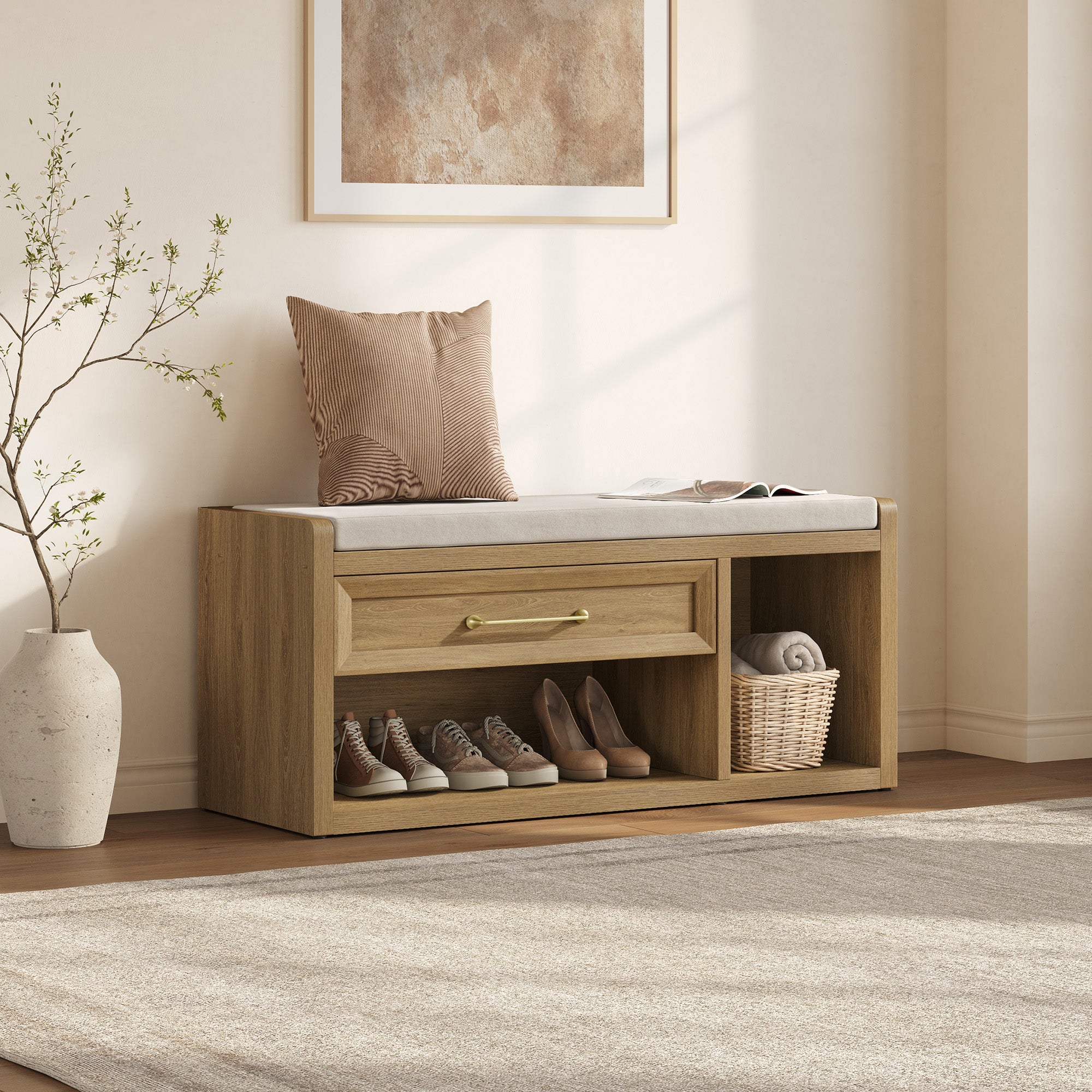 Helio Shoe Bench with Drawer, 40.6-Inch Wide