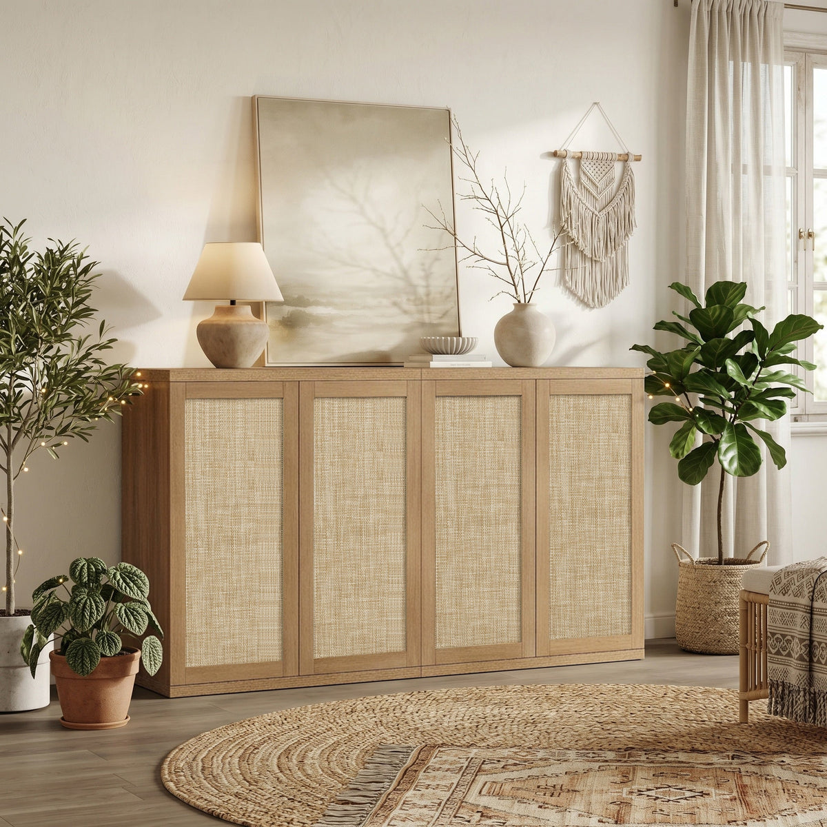 Zura 2-Door Buffet Cabinet, Large Storage - Amber Oak - 2 Pieces