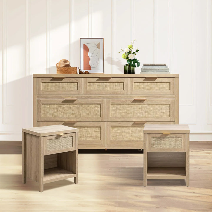 SICOTAS 3 Piece Bedroom Sets Dresser and Nightstand Set, Light Farmhouse Rattan 7-Drawer Dresser and 1-Drawer Nightstand