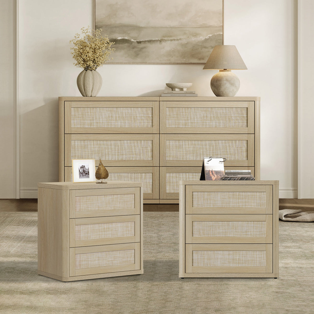 Zura Sectional Rattan Dresser and 3-Drawer Nightstand Set