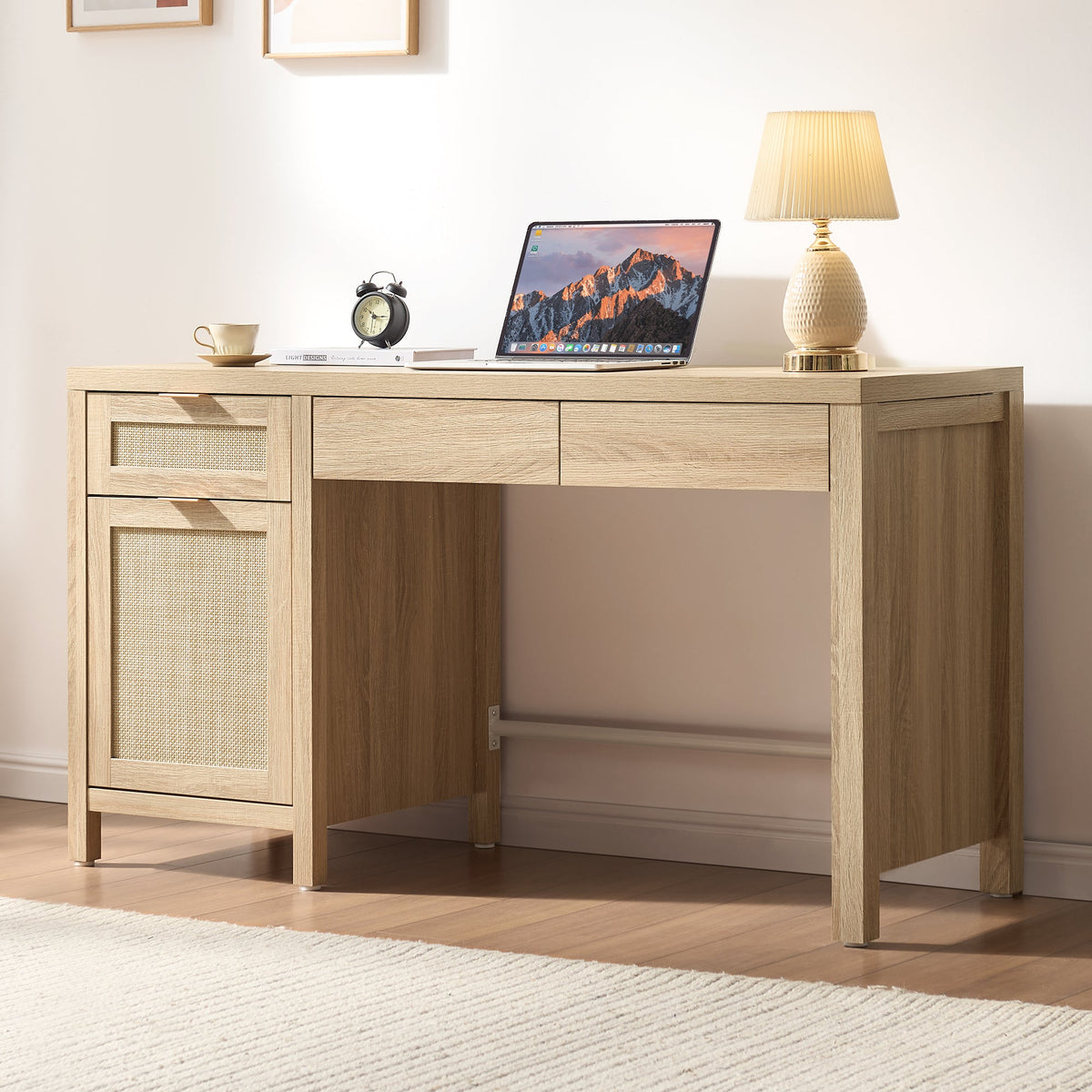 Savanna 55-Inch Wide Vanity Table, Makeup Storage - Reclaimed Light Oak - 2 Pieces