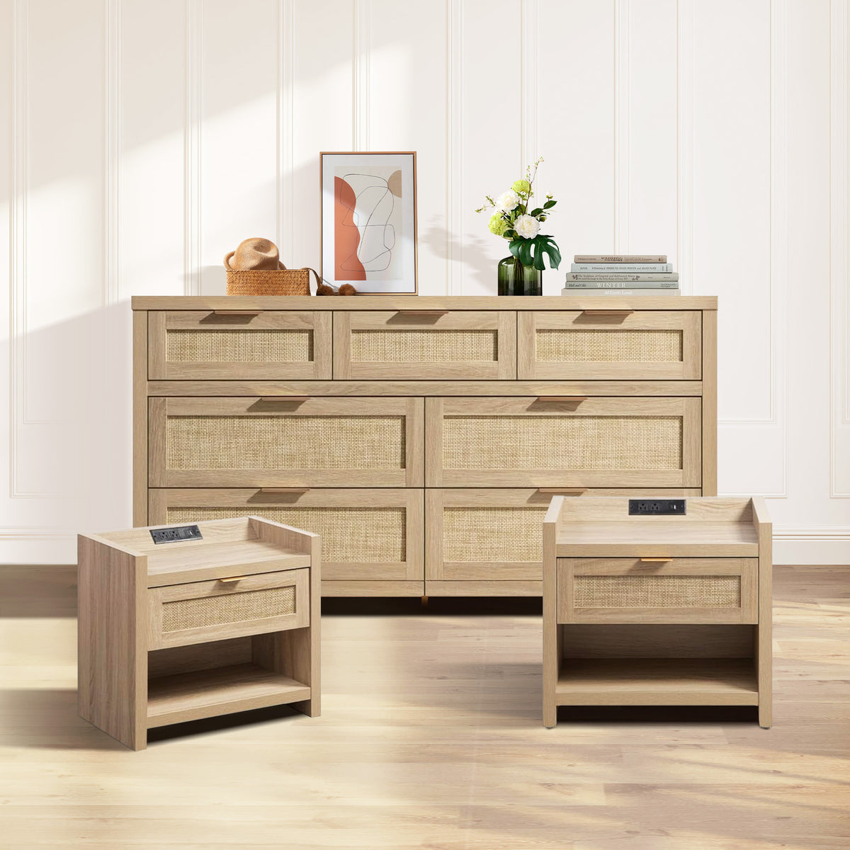 Savanna Boho Nightstand with Charger and Dresser Set