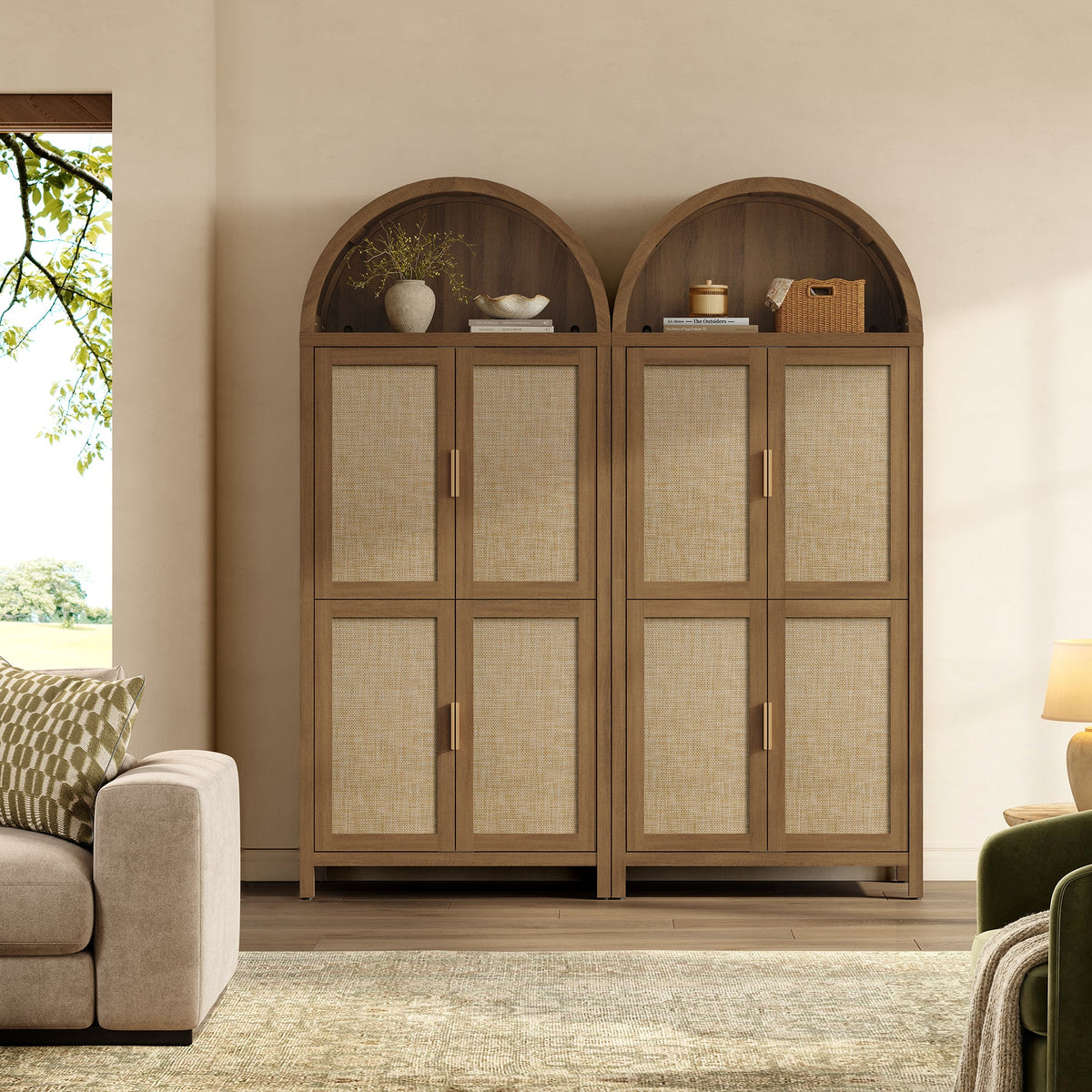 Savanna 72.8Inch-Tall Pantry Cabinet, Arched Design - Reclaimed Caramel Oak - 2 Pieces