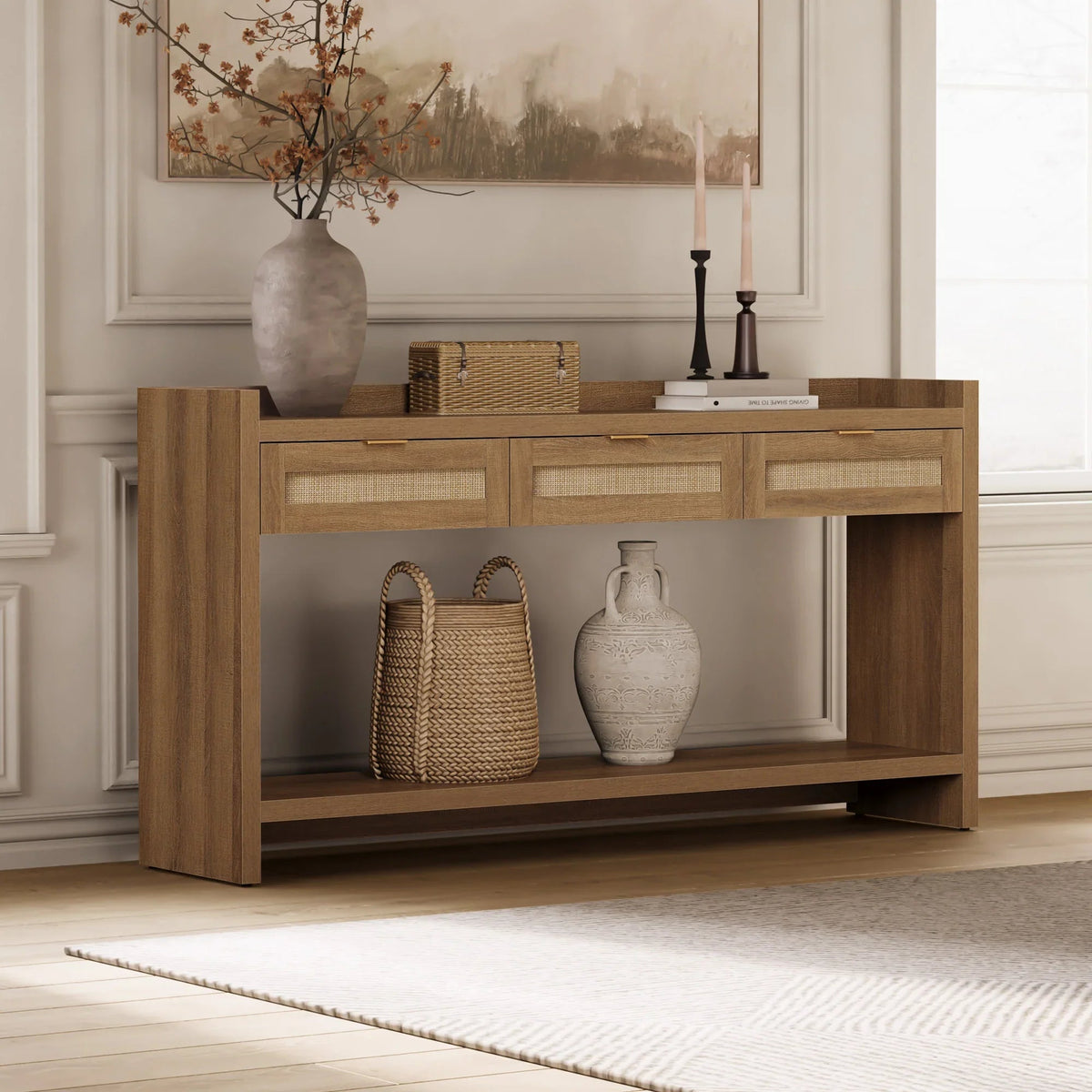 Savanna Rattan Console Table, 32'' Tall, Large Storage