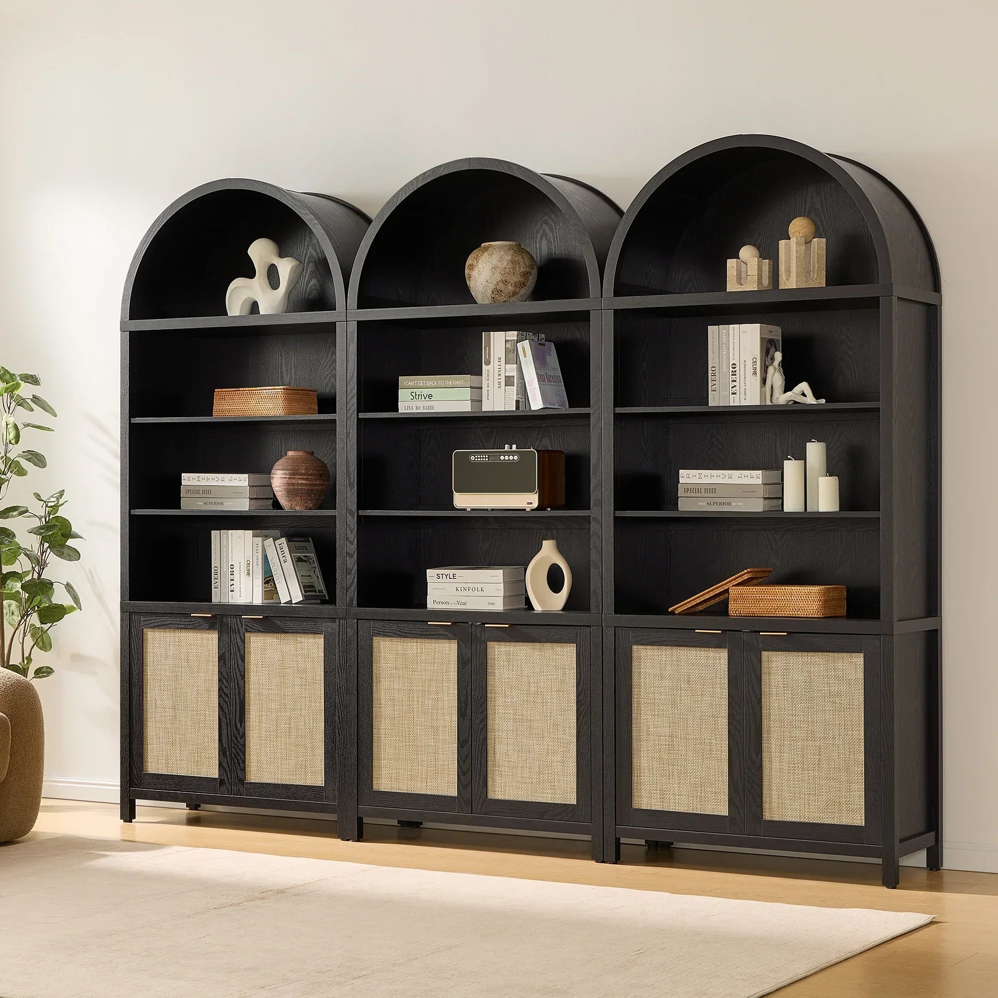 Modern black arched bookshelf with decorative objects and books in a stylish living room