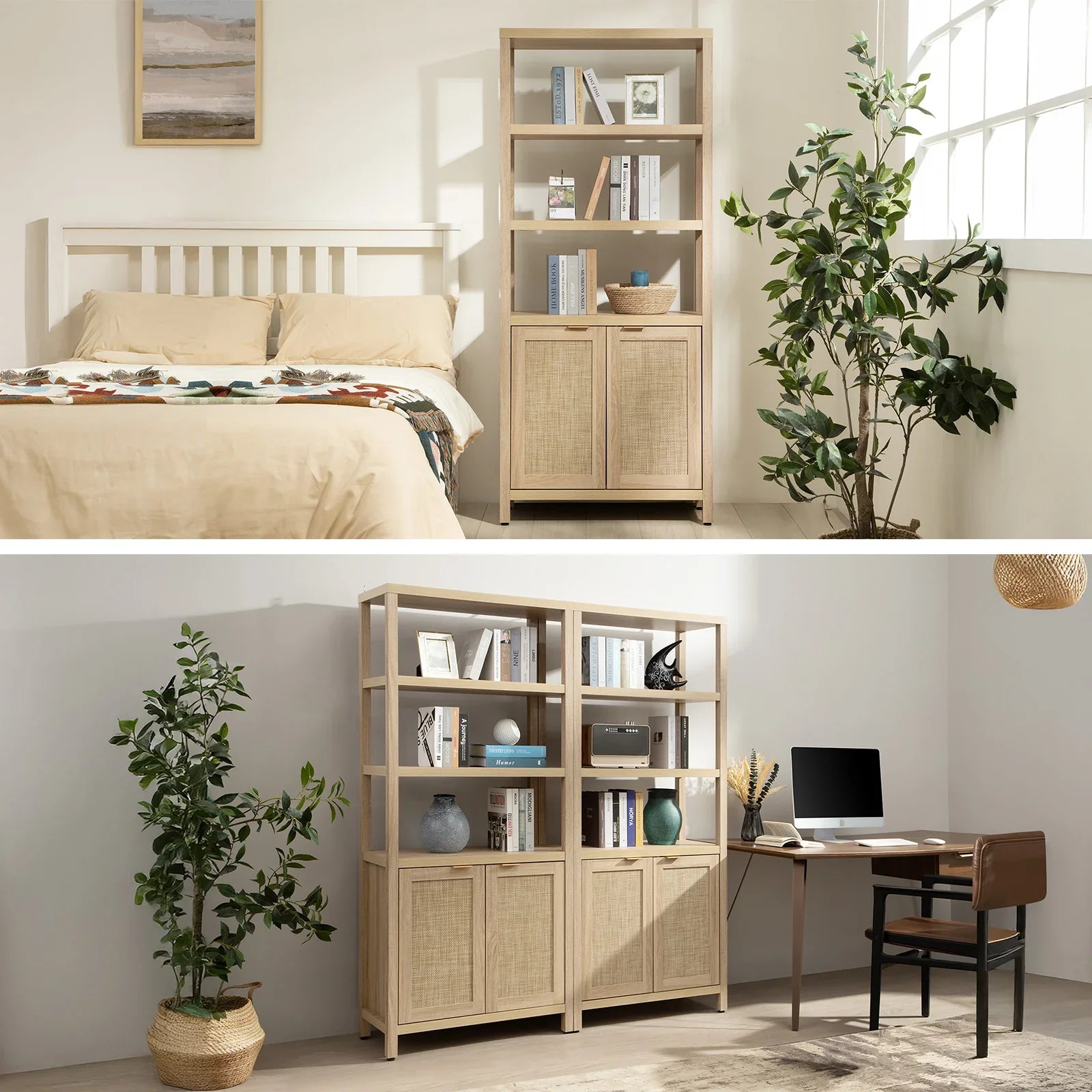 Wide wooden bookshelf with open shelves and two woven cabinets, shown in bedroom scene.