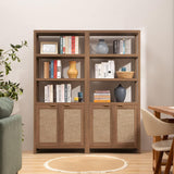 Modern wooden bookshelf in living room, decorated with books, vases, and storage baskets