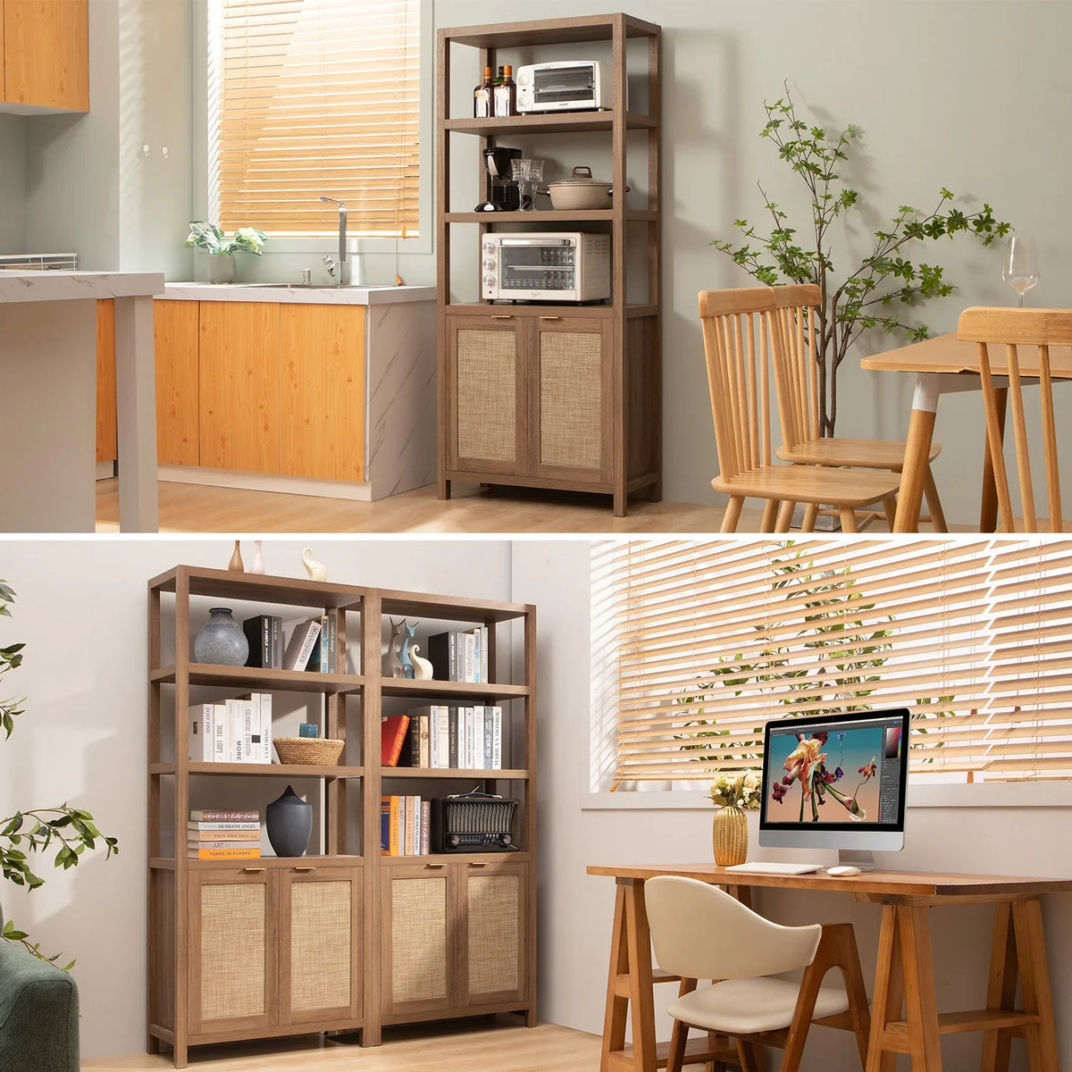 Modern wooden kitchen and office shelves with woven doors in bright, minimalist rooms