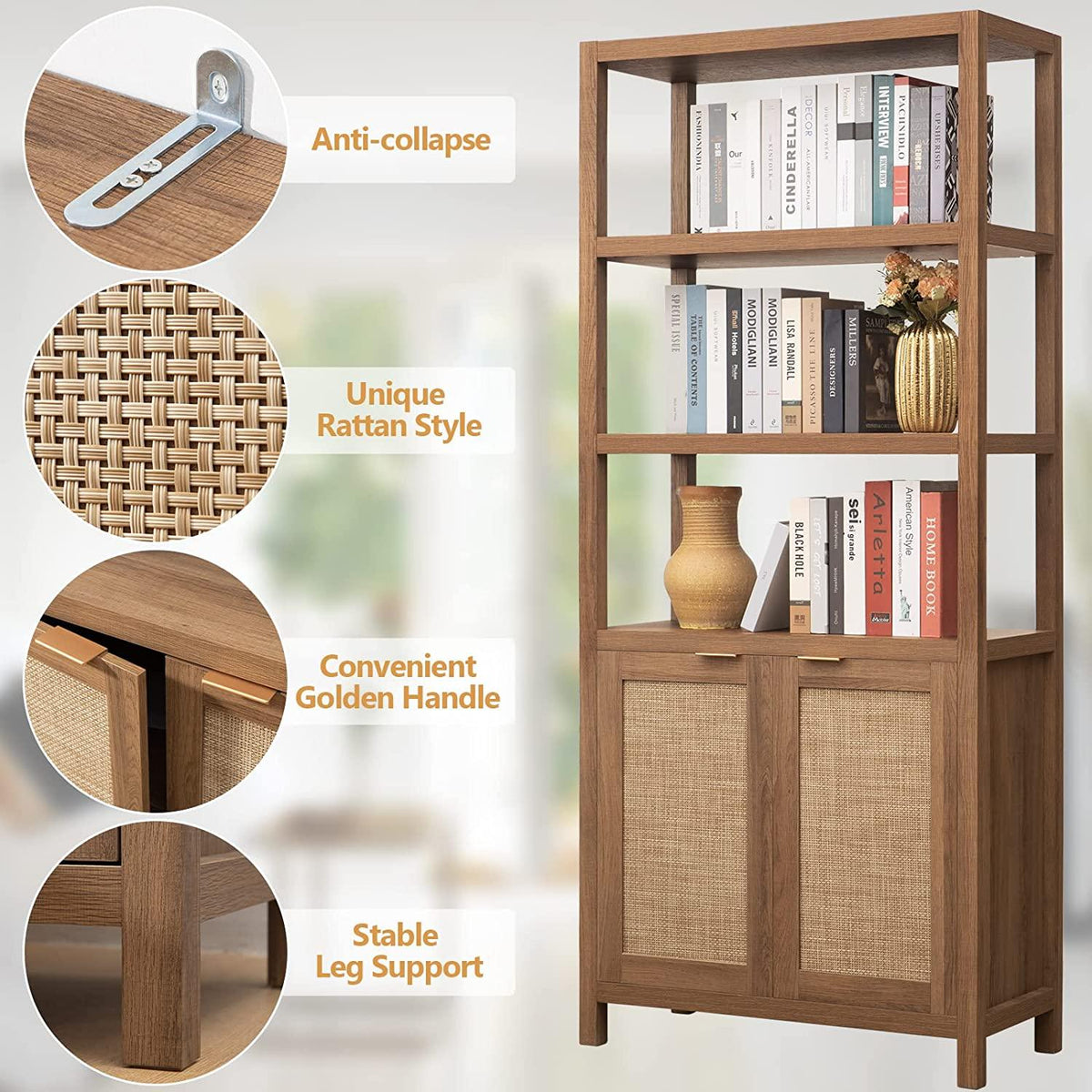 Wooden bookshelf with woven rattan doors, golden handles, and anti-collapse bracket.