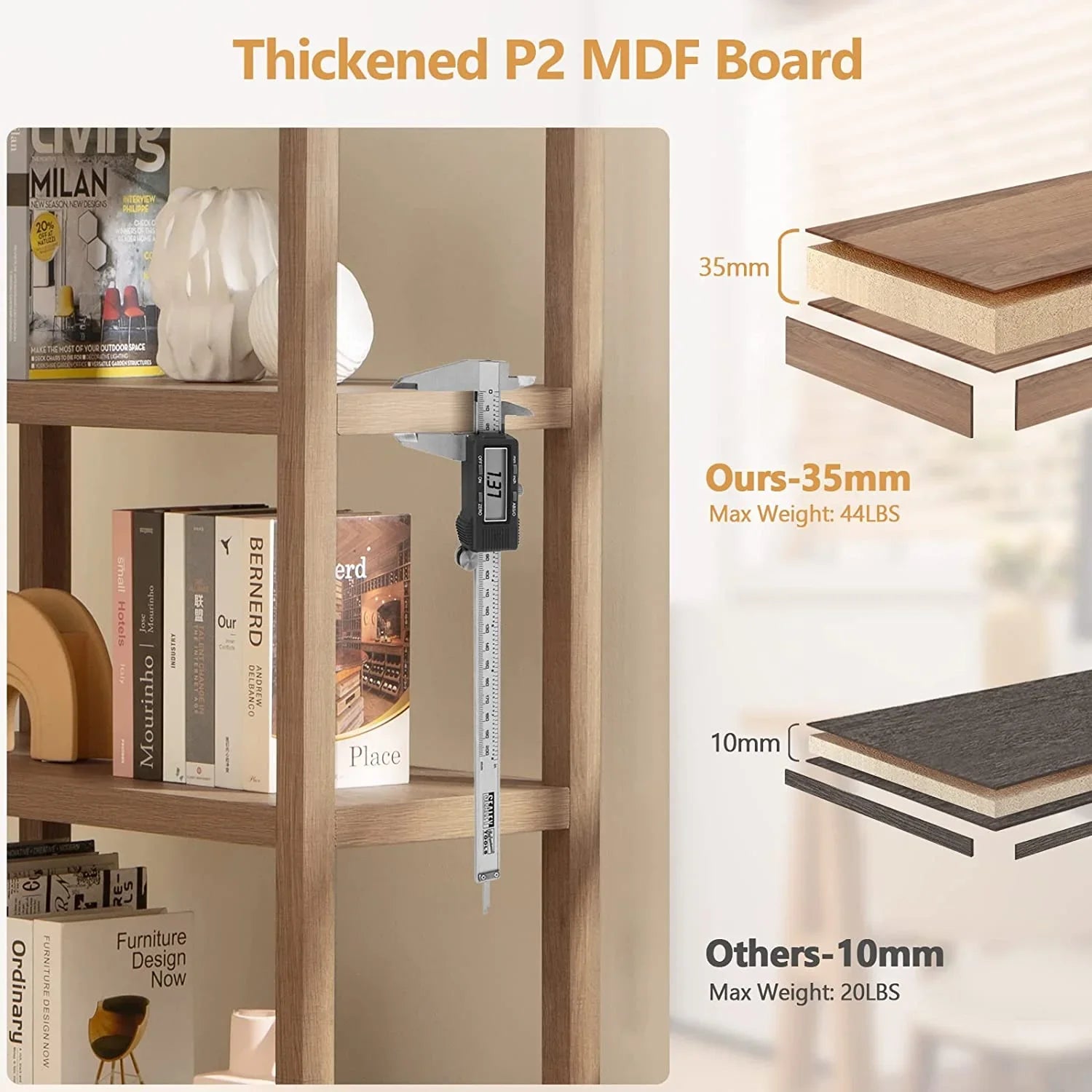 Thickened P2 MDF board bookshelf with 35mm shelves, digital caliper, and product comparison chart.