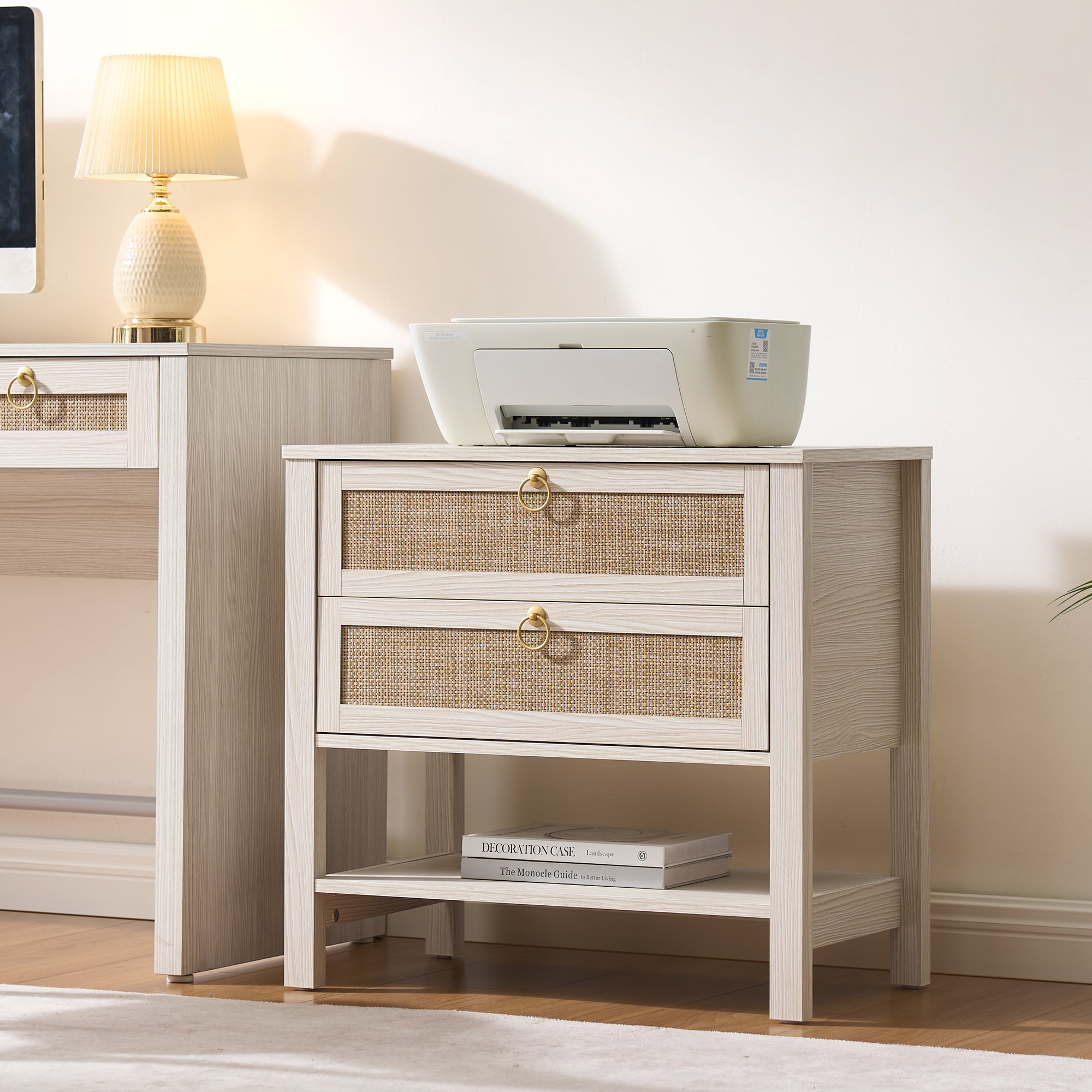 Surmoby 26.7"W Boho Nightstand Set of 2 - Coastal Farmhouse Bedside Tables with 2 Rattan Drawers & Open Shelf, Cream White Finish for Bedroom/Living Room WM