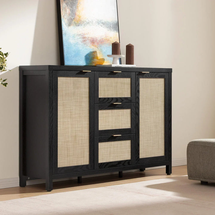 Black and rattan sideboard dresser in modern living room with abstract painting decor