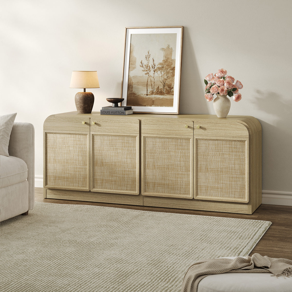Crescent Rattan TV Stand with 4 Doors