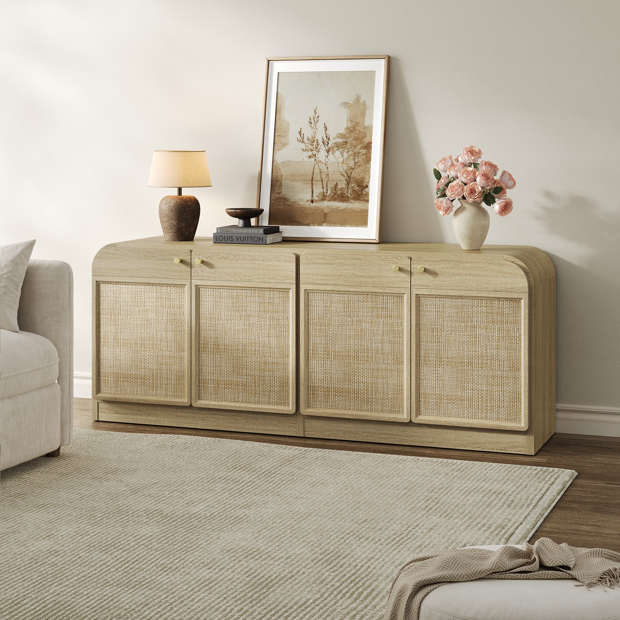 Crescent Rattan TV Stand with 4 Doors