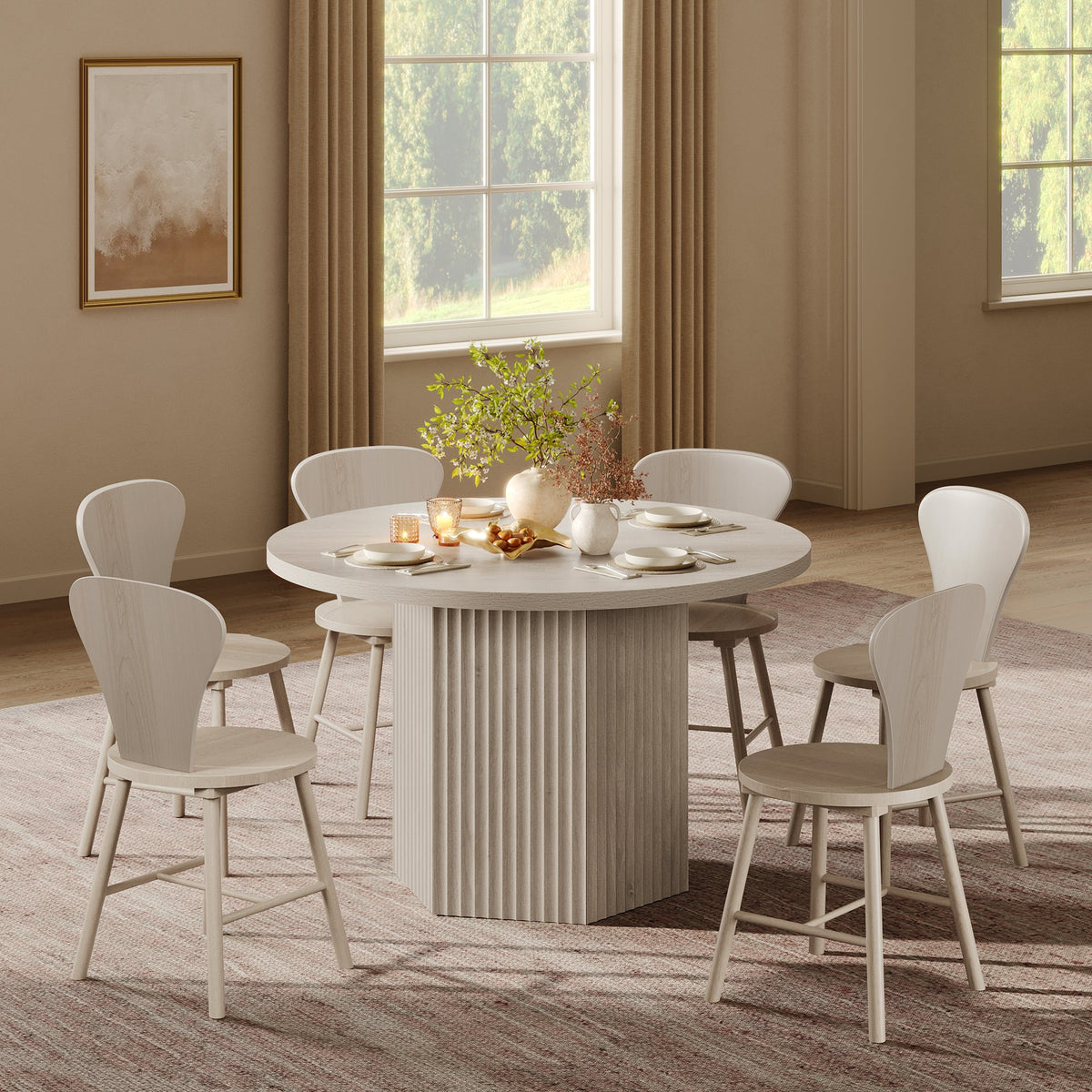 Cas Dining Table and Chairs Set for 6, Solid Wood - White Alder - 1 Table & 6 Chairs