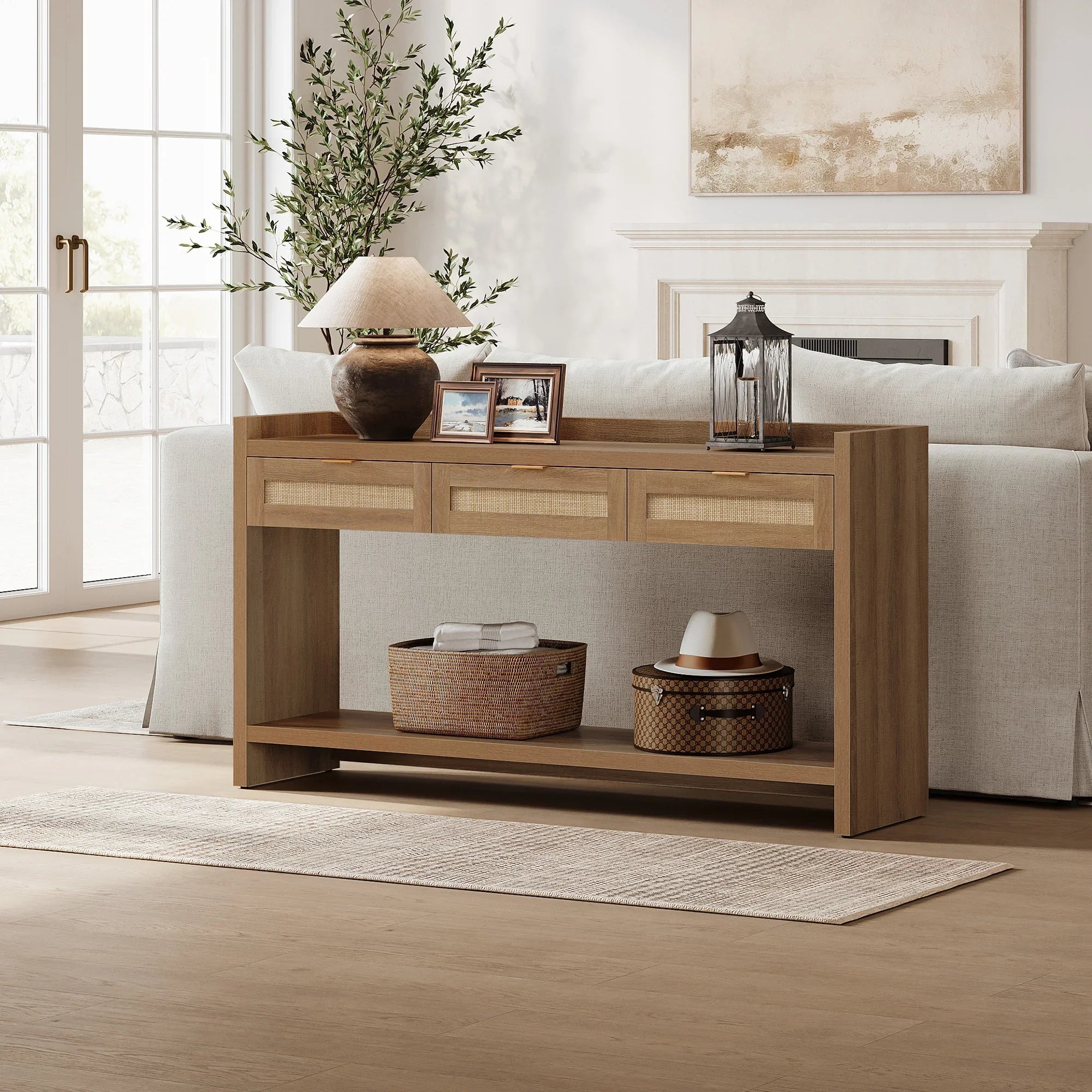 Savanna Rattan Console Table, 32'' Tall, Large Storage