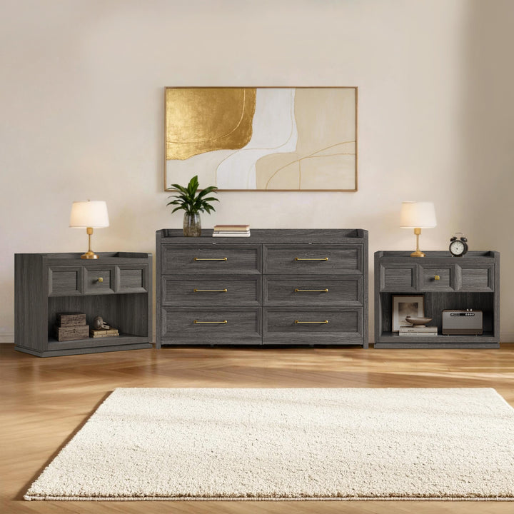 Helio 6-Drawer Dresser and Nightstands Set For Bedroom