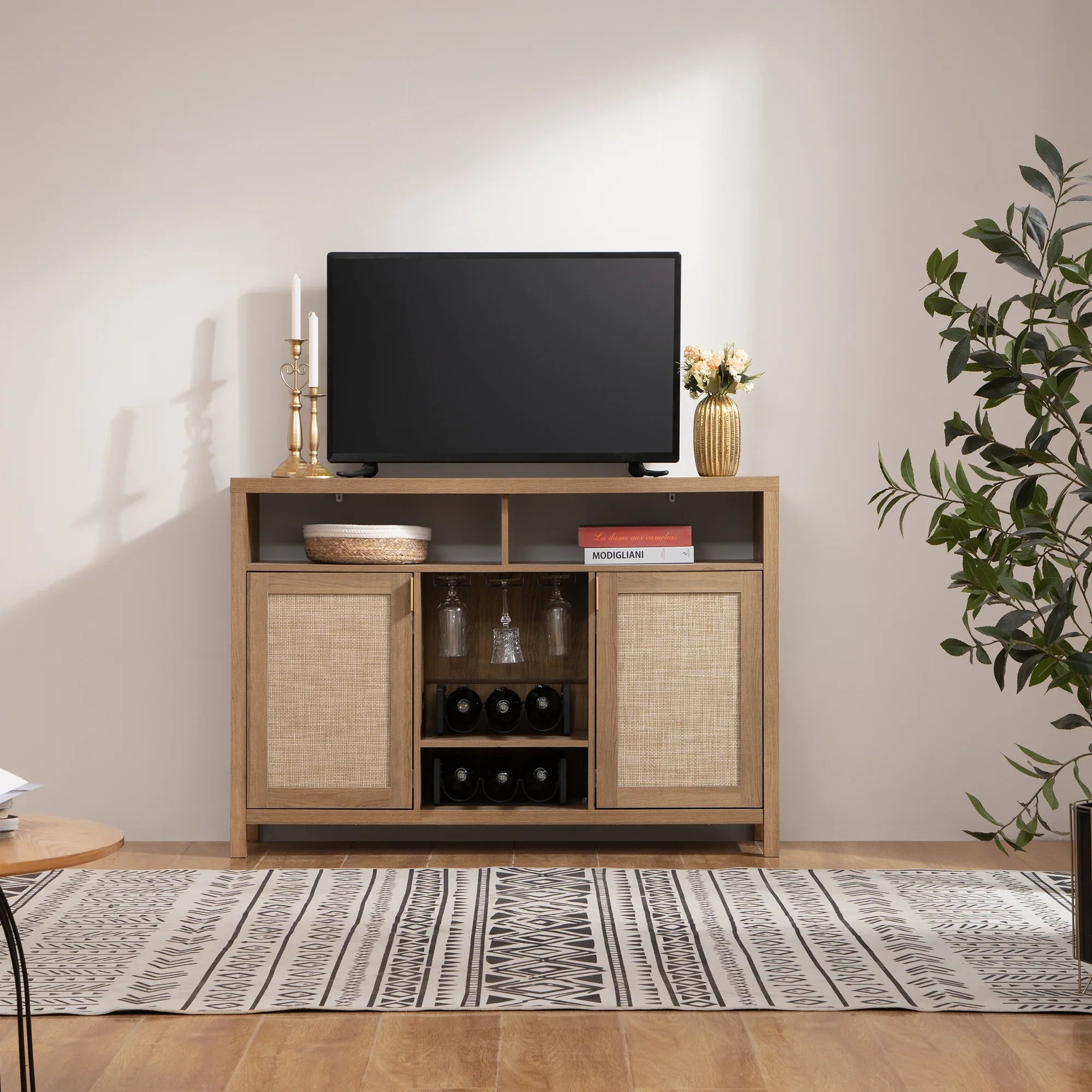 Modern wooden TV stand with storage, wine rack, and decor in a cozy living room setting