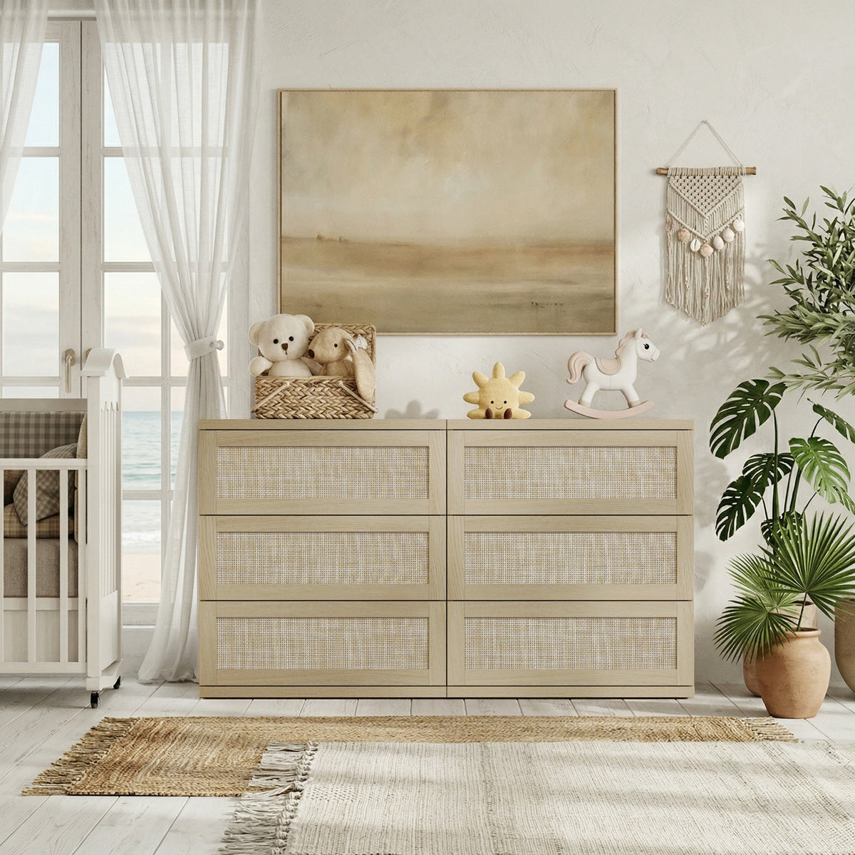 Zura Modern Rattan 6 Drawers Dresser, Straight Edge