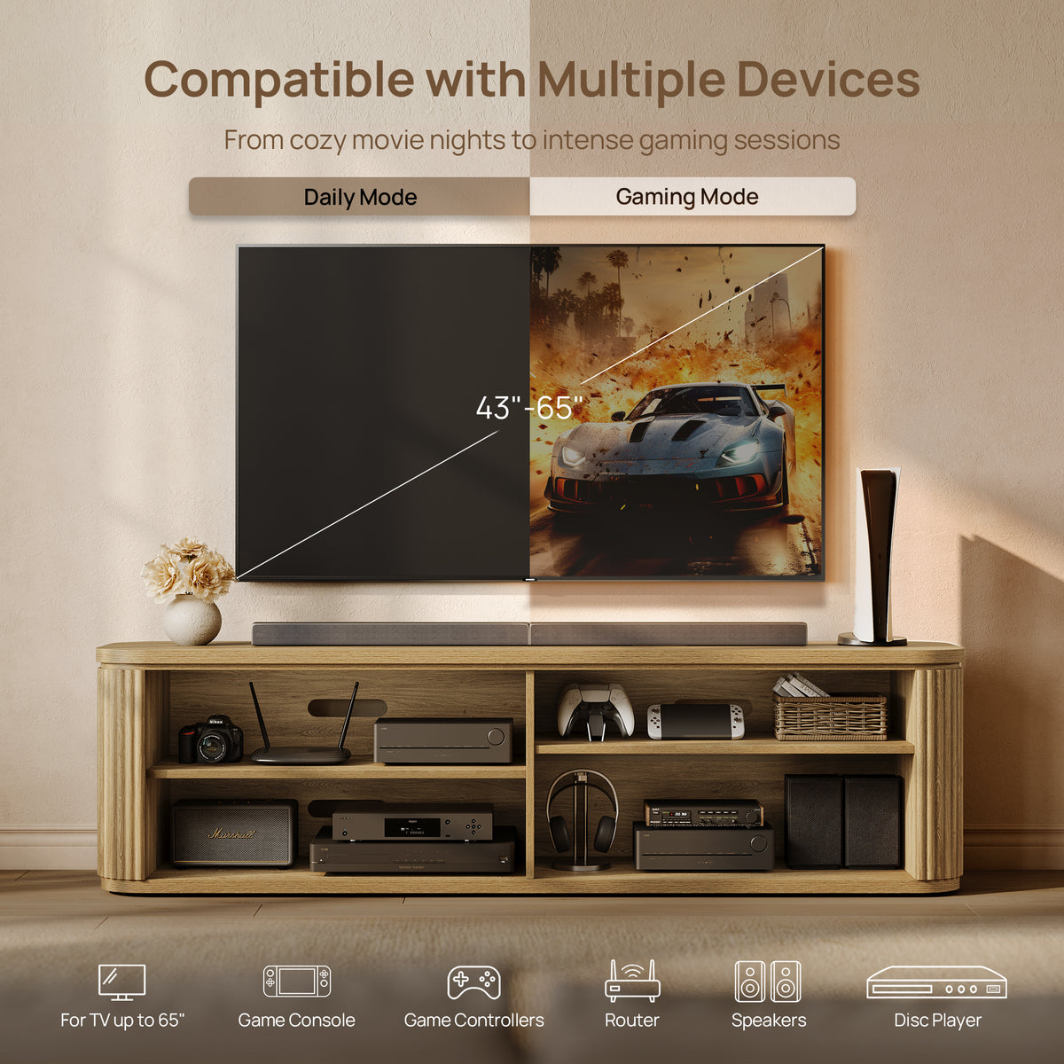 Ripple TV Stand for TV up to 65Inch, 4 Doors