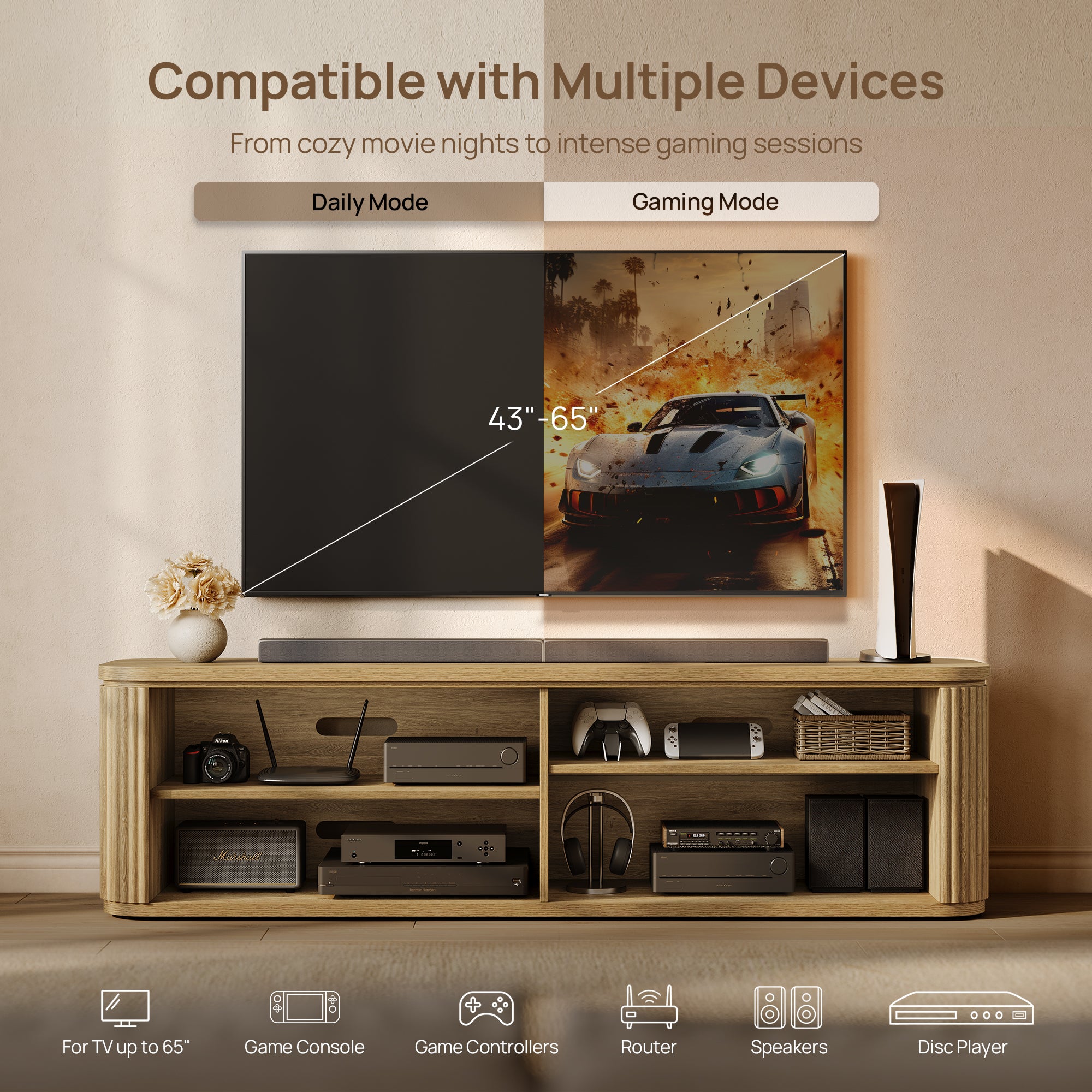 Ripple TV Stand for TV up to 65Inch, 4 Doors