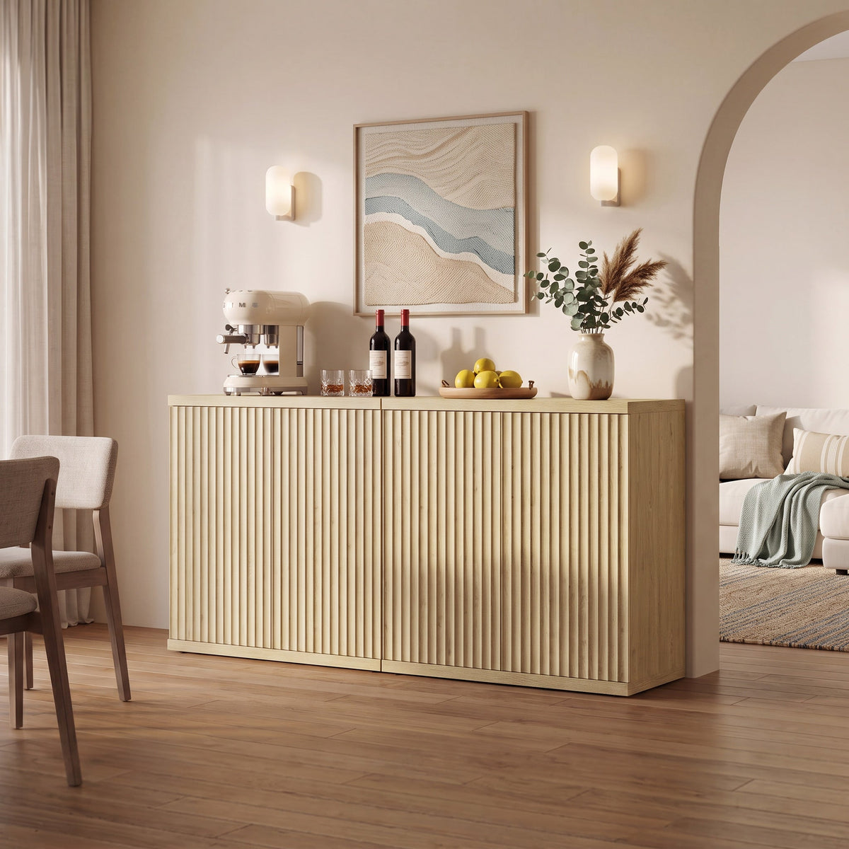 Stria Fluted Sideboard Cabinet with 2 Doors, Set of 2