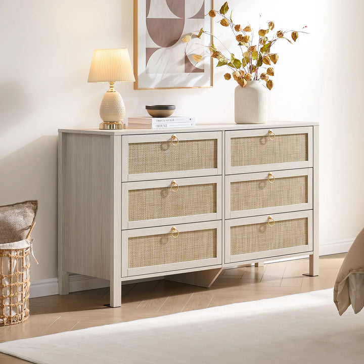 Terra 6 Drawers Dresser And White Cream Oak Nightstands Sets