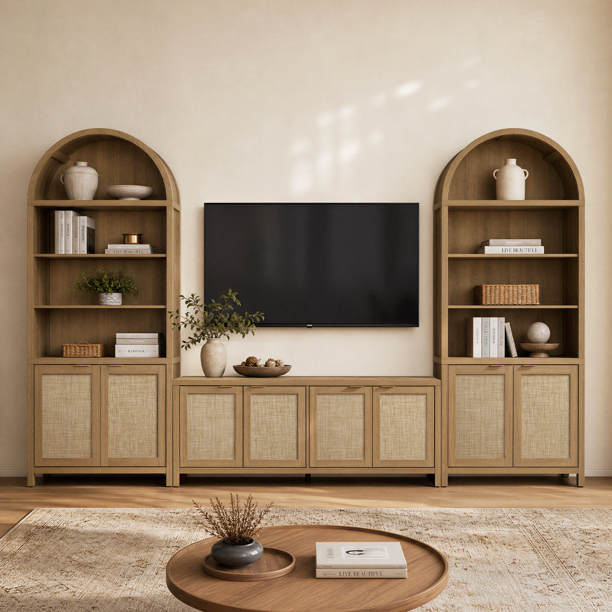 SICOTAS 2 Piece Farmhouse Living Room Furniture Set – TV Stand & Arched Display Cabinets,Rattan Storage Cabinet