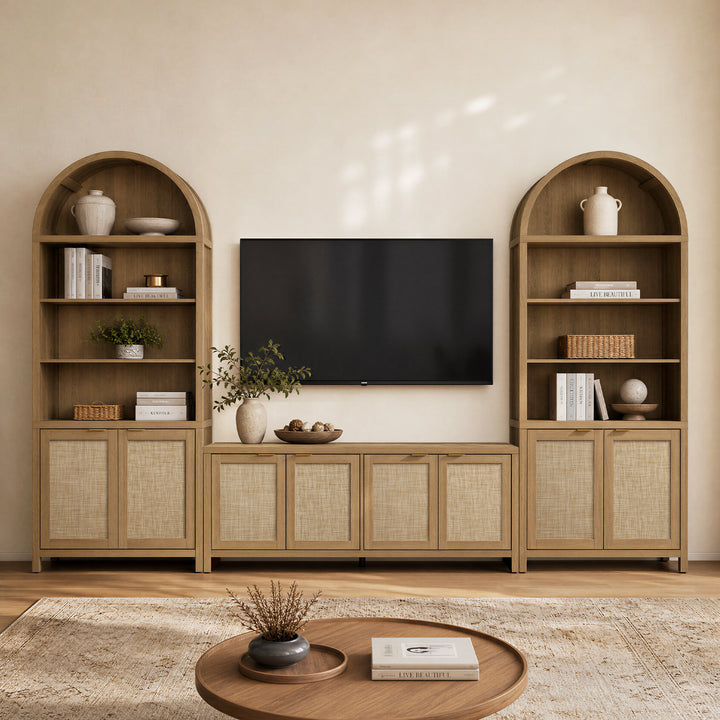 SICOTAS 2 Piece Farmhouse Living Room Furniture Set – TV Stand & Arched Display Cabinets,Rattan Storage Cabinet