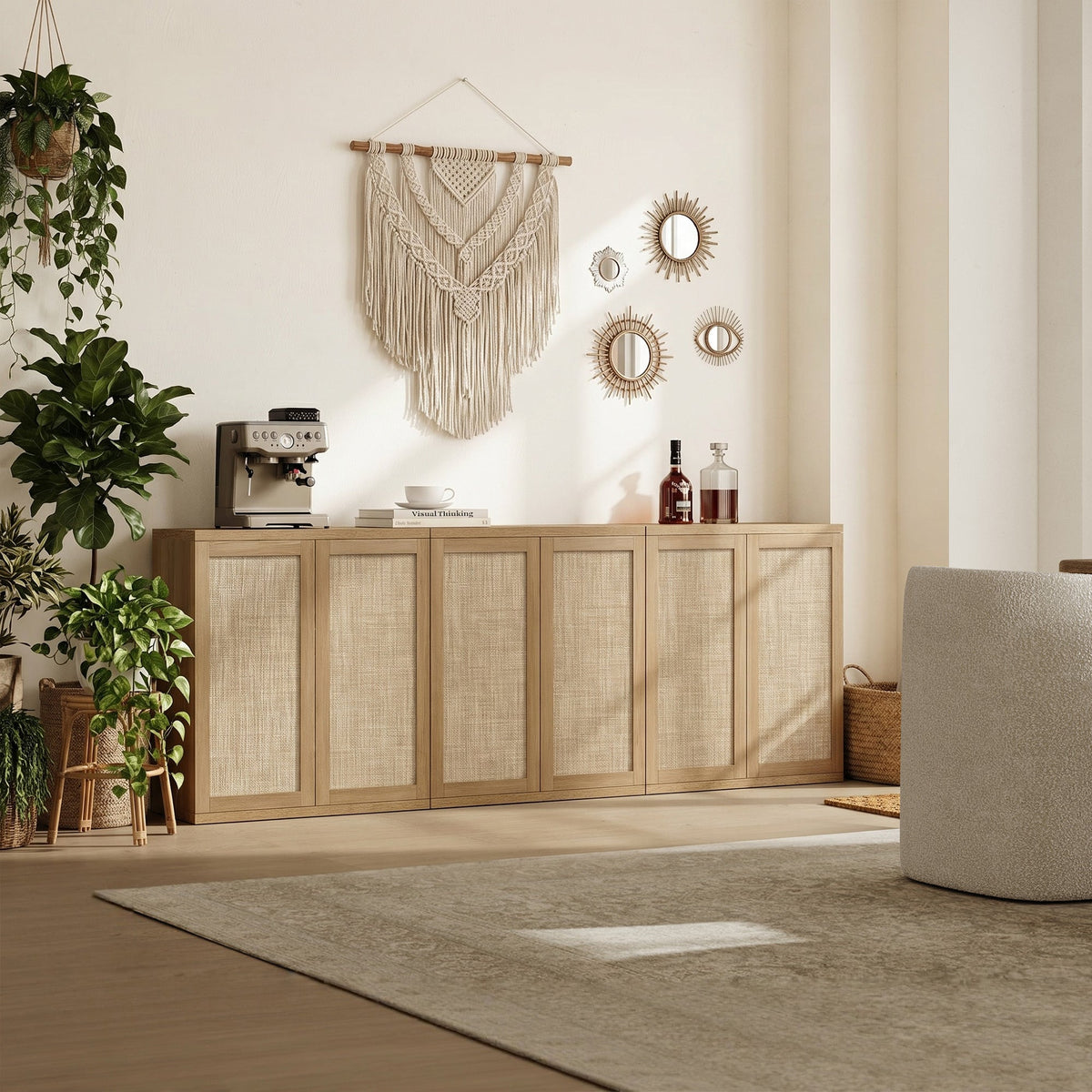 Zura 2-Door Buffet Cabinet, Large Storage - Amber Oak - 3 Pieces