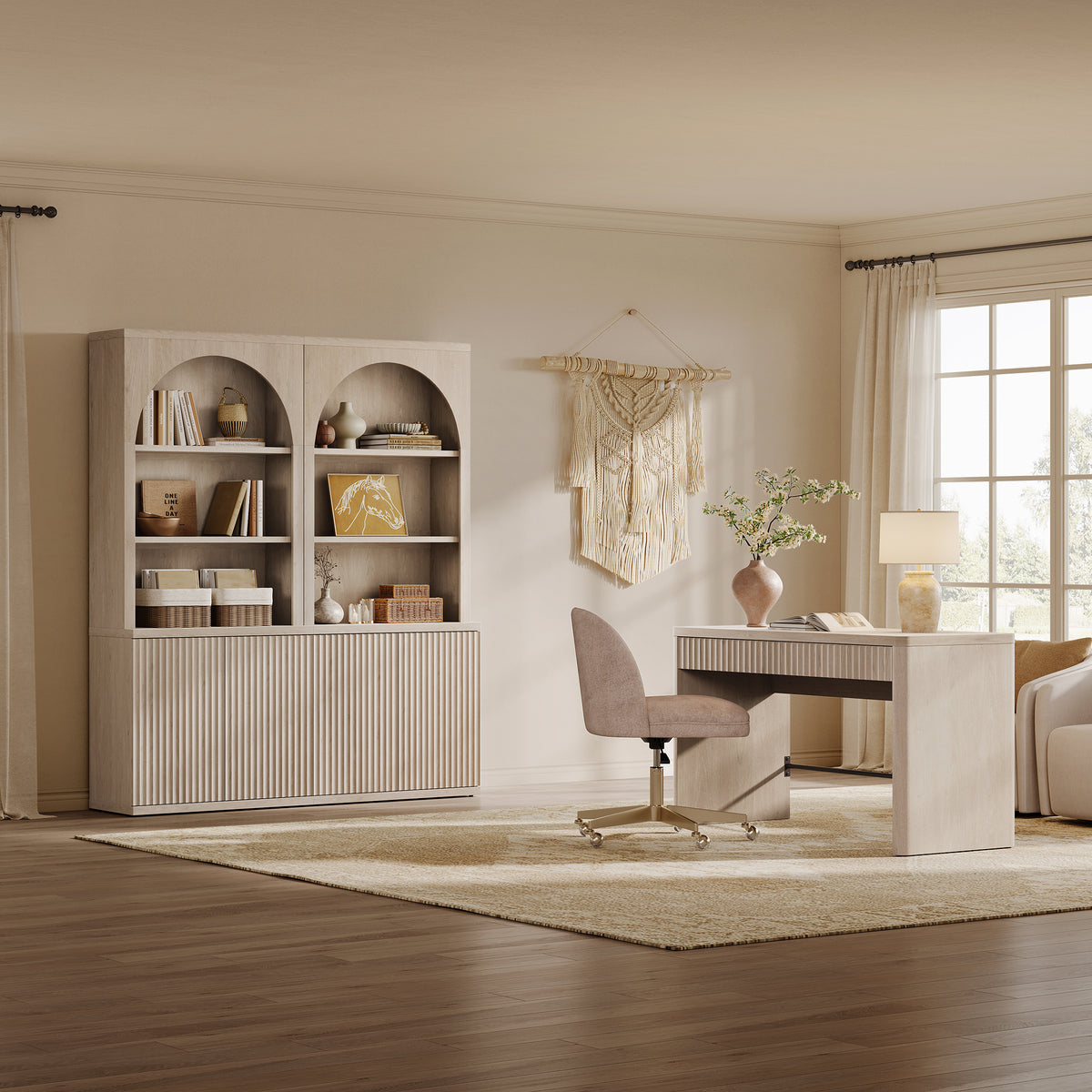 Stria Arched Bookcase with Fluted Cabinet Doors