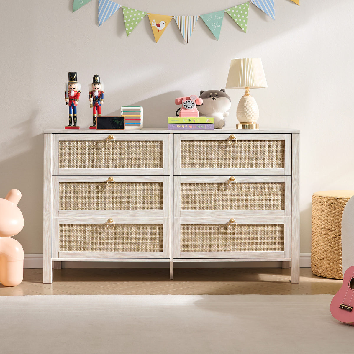 Terra 6 Drawers Dresser And Nightstands Sets, Golden Handle