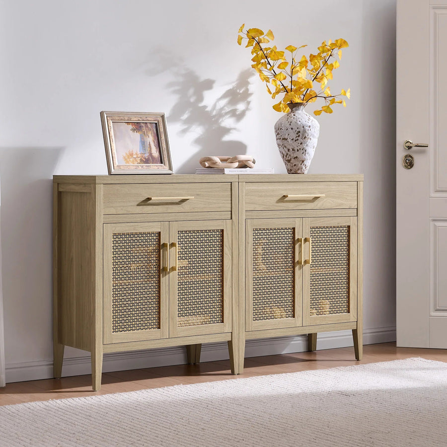 Modern oak sideboard with rattan doors, art frame, ceramic vase and yellow flowers