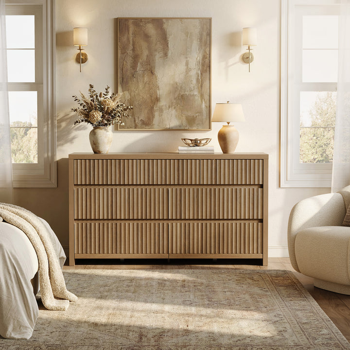 SICOTAS Prelude Bedroom Sets Dresser and Nightstand Sets, Modern Fluted 7 Drawer Dresser and 2 Drawer Nightstands with Charging Station, Caramel Oak