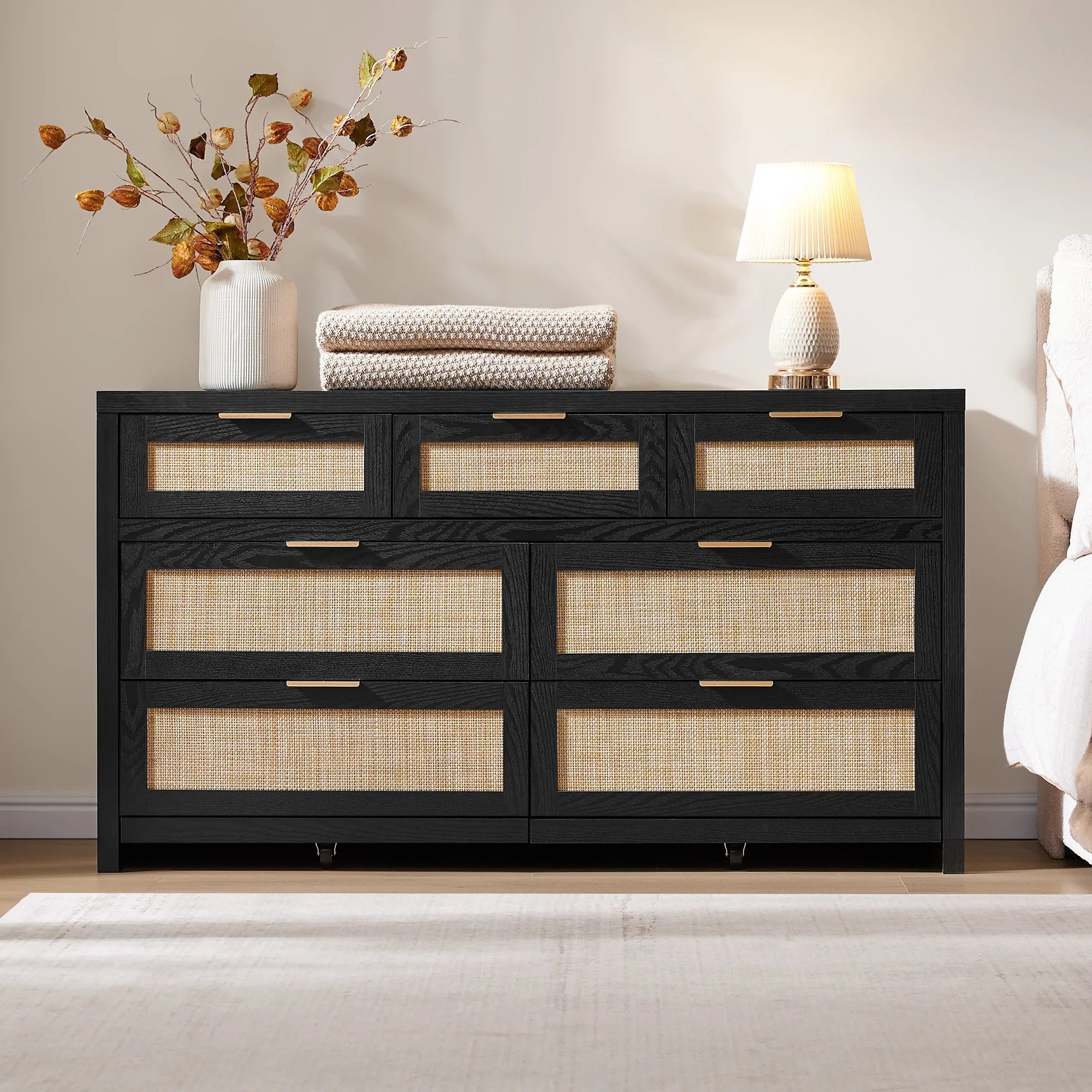 SICOTAS Rattan 7 Drawers Dresser 56.88Inch Wide Chest of Drawers Modern Dresser for Bedroom, Storage Chest Cabinet for Home, Black Oak