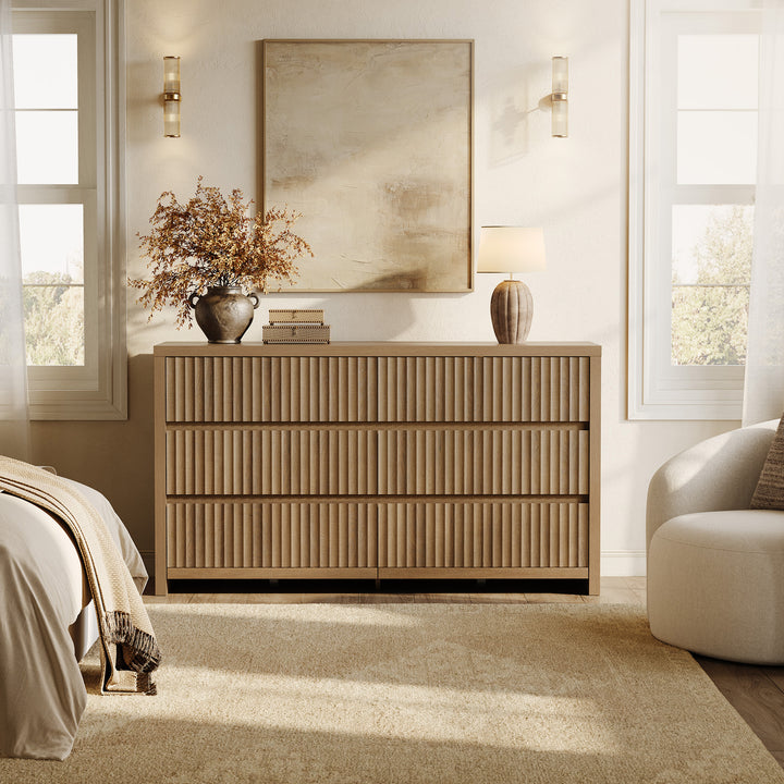 SICOTAS Fluted 3 Piece Dresser and Nightstand Set with Charging Station, Bedroom Sets Modern 6 Drawer Dresser and 2 Drawer Nightstand, Caramel Oak