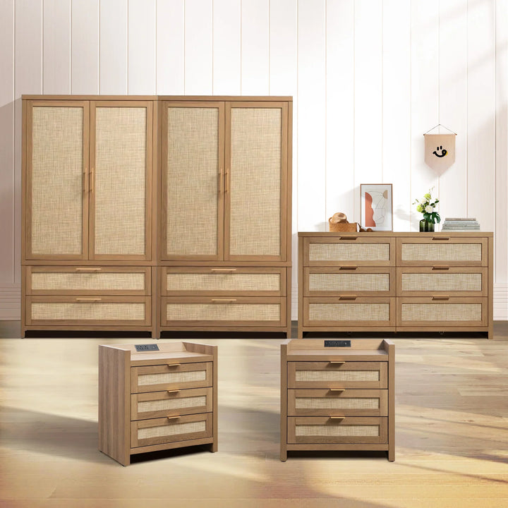 SICOTAS Wardrobe, Nightstand, Dresser 4 Piece Set, Farmhouse Rattan 6-Drawer Dresser and 3 Drawers Nightstand Modern Bedroom Set with Charging Station