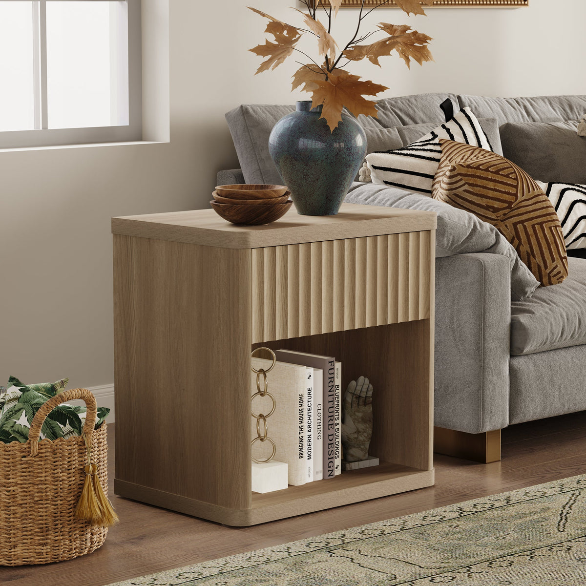 Cas Night Stand with Storage, 24.1 Inch Tall - 1 Piece - Grey Alder