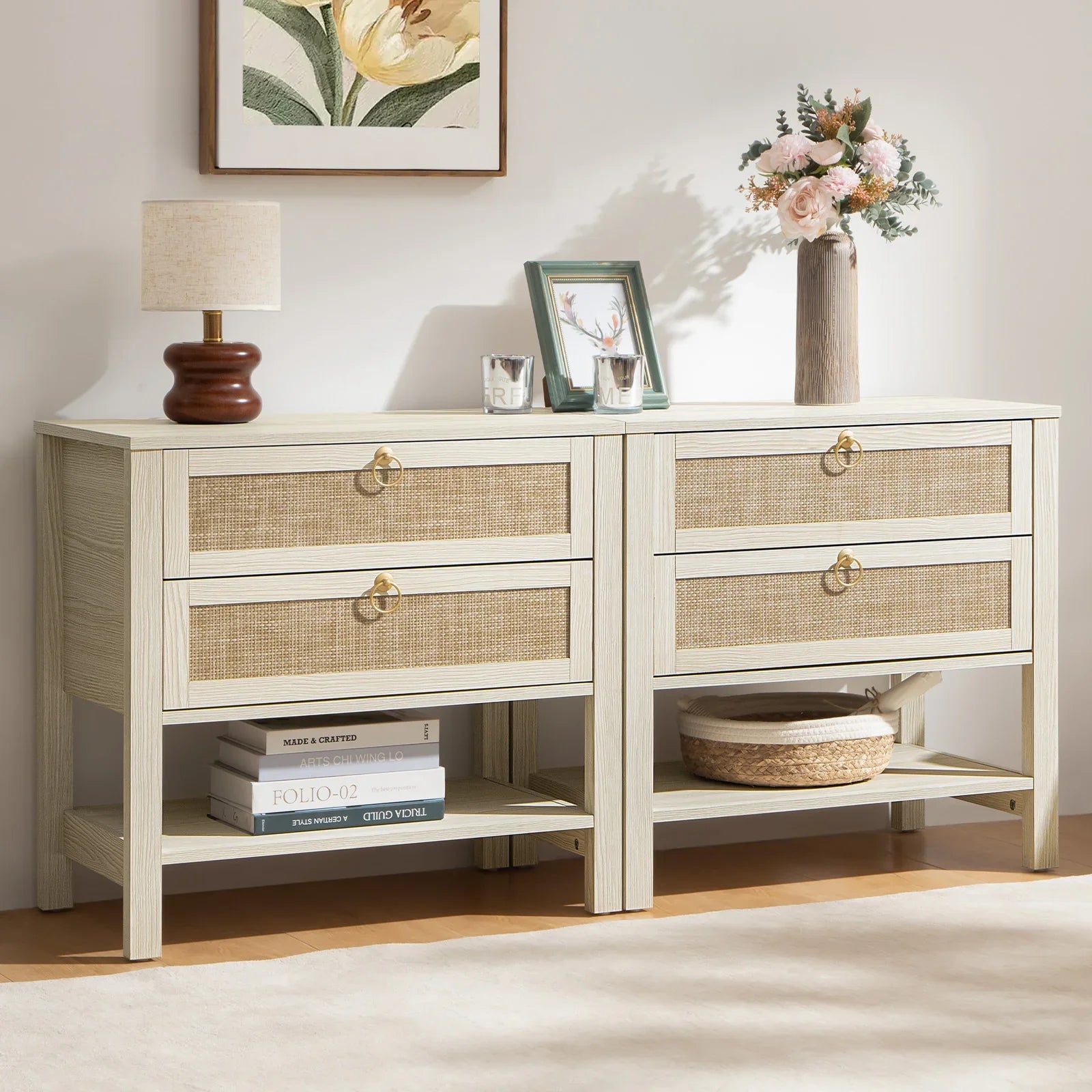 Terra 6 Drawers Dresser And White Cream Oak Nightstands Sets