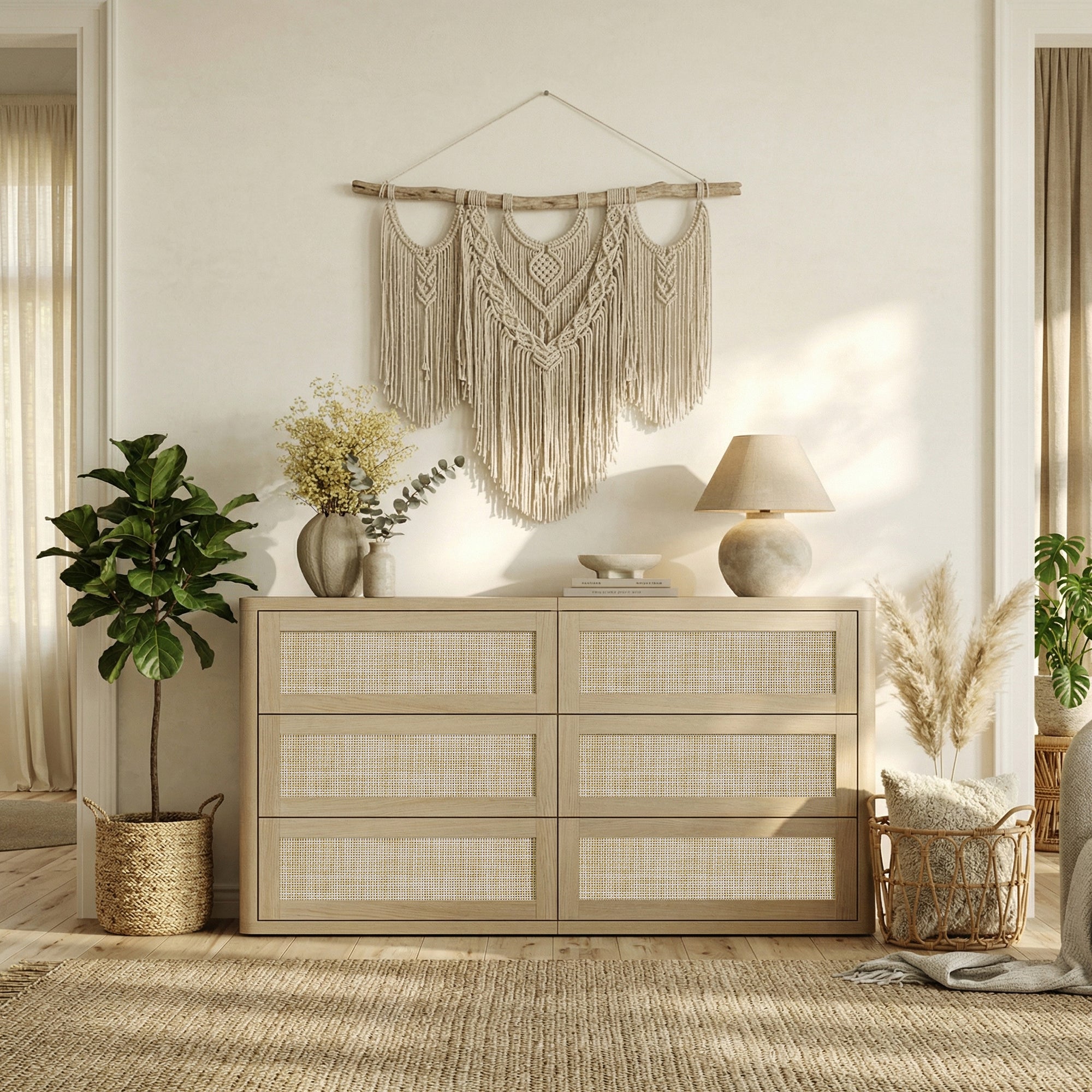SICOTAS Rattan 6 Drawer Dresser, 53.6