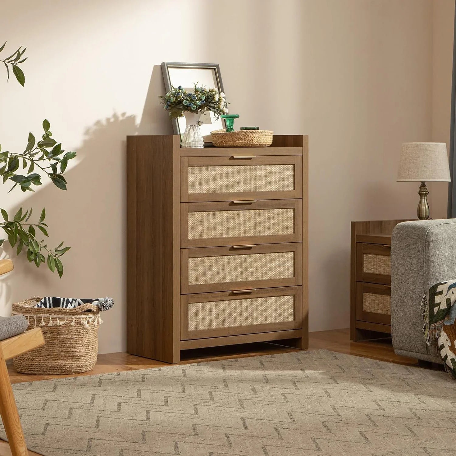 Modern bedroom with wood and rattan dresser, potted plant, woven basket, and decorative decor.
