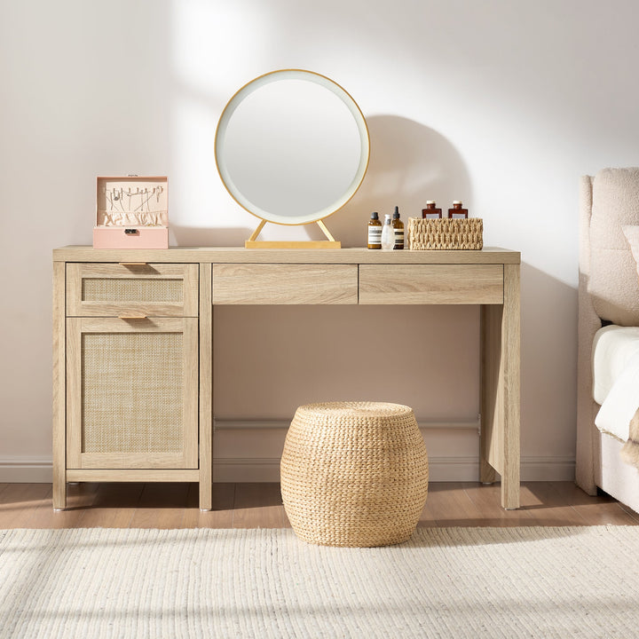 Savanna 55-Inch Wide Vanity Table, Makeup Storage - Reclaimed Caramel Oak - 2 Pieces