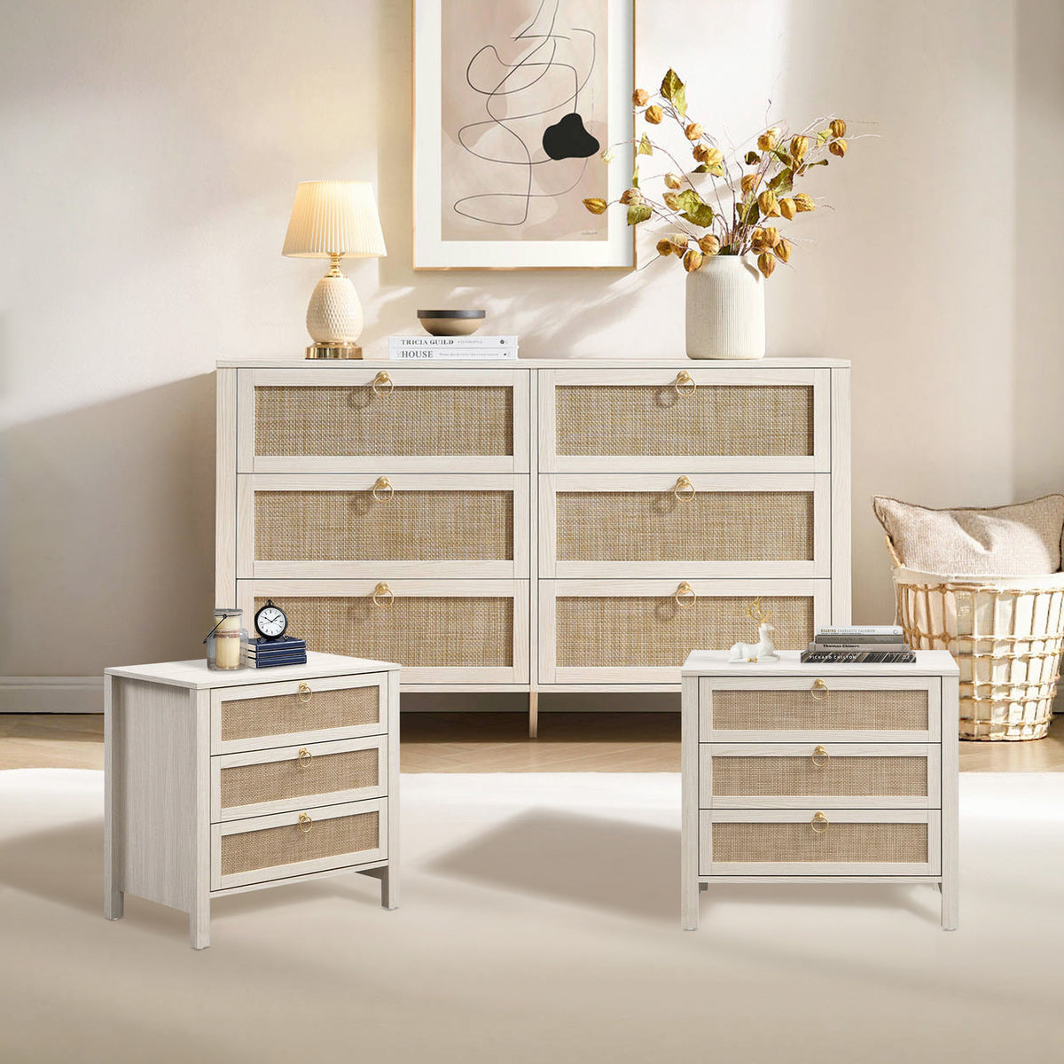 Terra 6 Drawers Dresser And Nightstands Sets, Golden Handle
