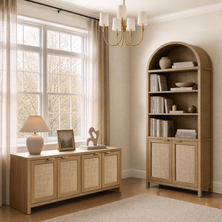 SICOTAS 2 Piece Farmhouse Living Room Furniture Set – TV Stand & Arched Display Cabinets,Rattan Storage Cabinet