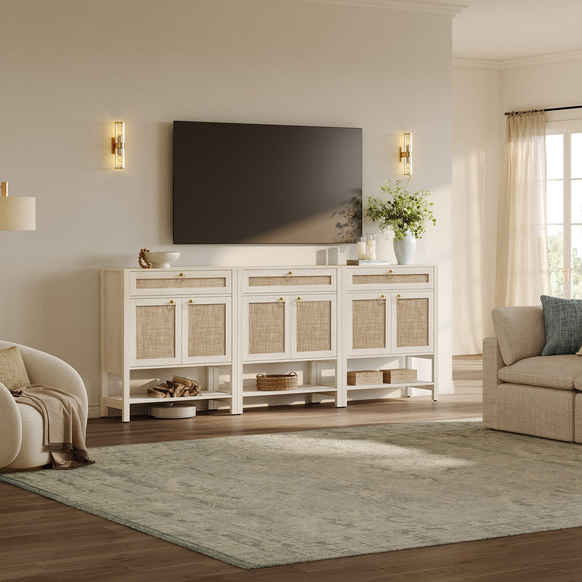 Terra Modern Sideboard, Flexible Storage - White Cream Oak - 3 Pieces