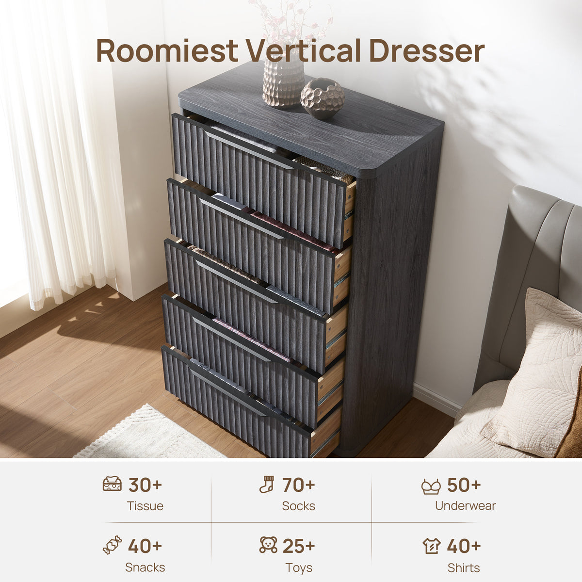 Cas Modern 5-Drawer Dresser, 50.7 Inches Tall, Set of 2