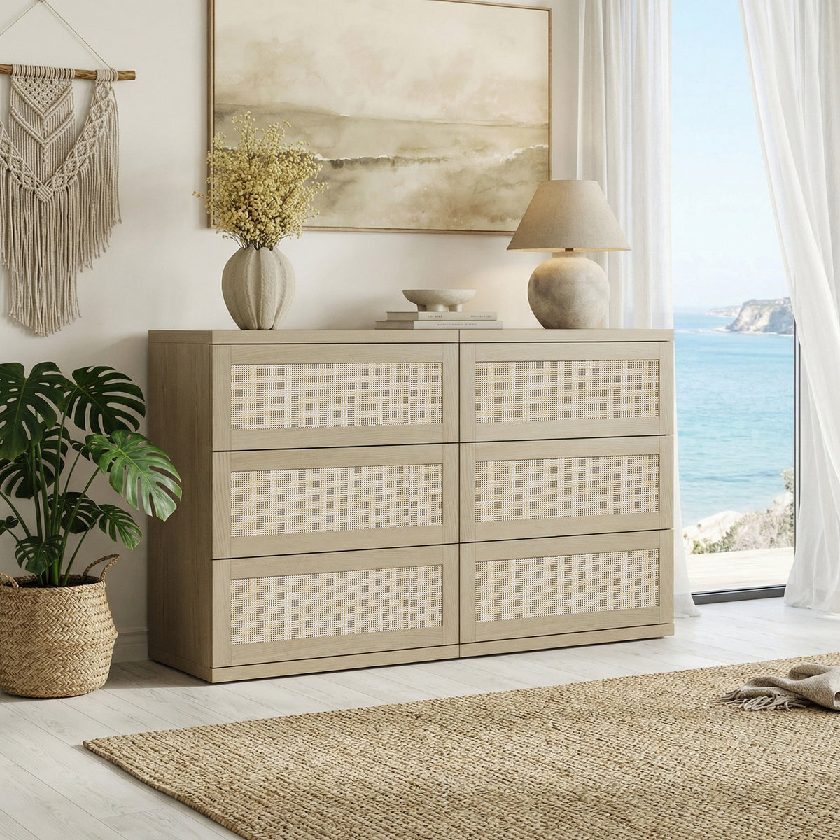 Zura Modern Rattan 6 Drawers Dresser, Straight Edge