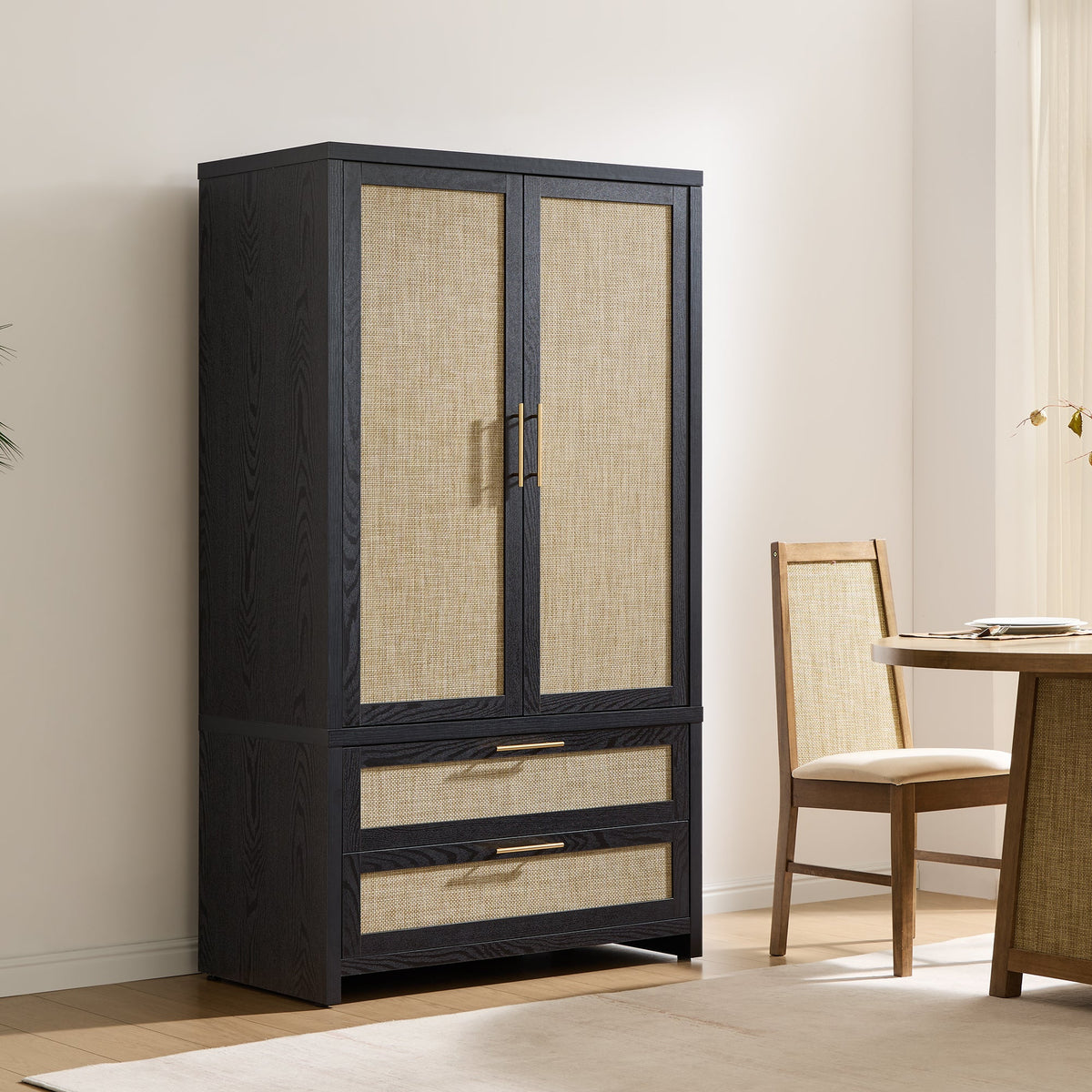 Savanna Rattan Wardrobe, 2 Drawers - 3 Pieces - Black Oak