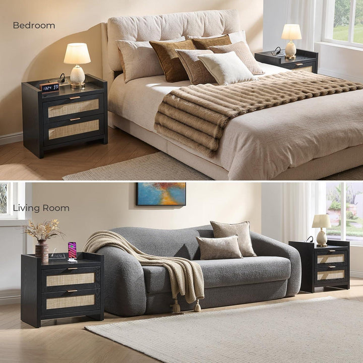Black nightstands with rattan drawers in bedroom and living room settings, modern decor
