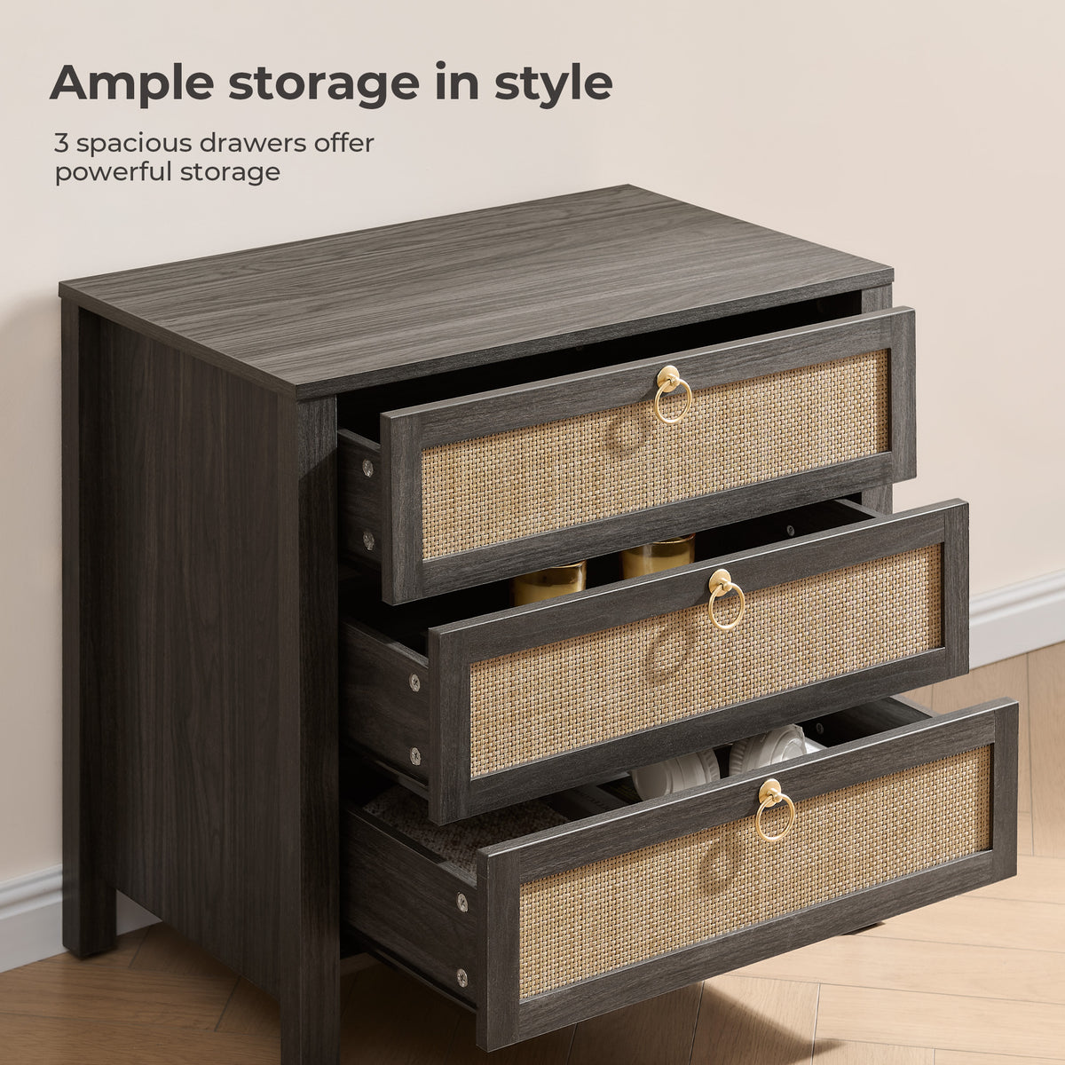 Terra Black Nightstand with 3-Drawer